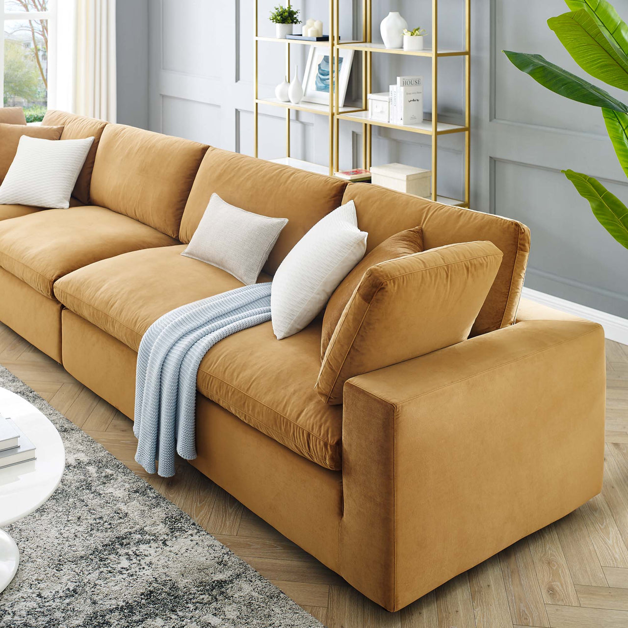 Angelic Cloudblend Velvet 4-Seater Sofa Sectional, Cognac