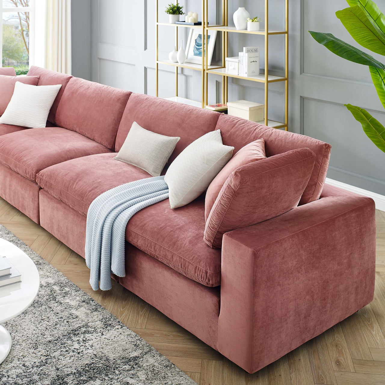Angelic Cloudblend Velvet 4-Seater Sofa Sectional, Dusty Rose