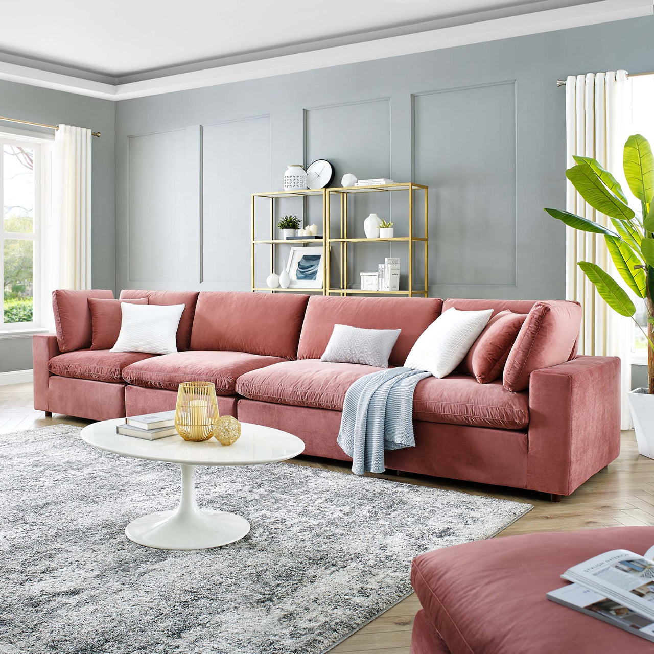 Angelic Cloudblend Velvet 4-Seater Sofa Sectional, Dusty Rose