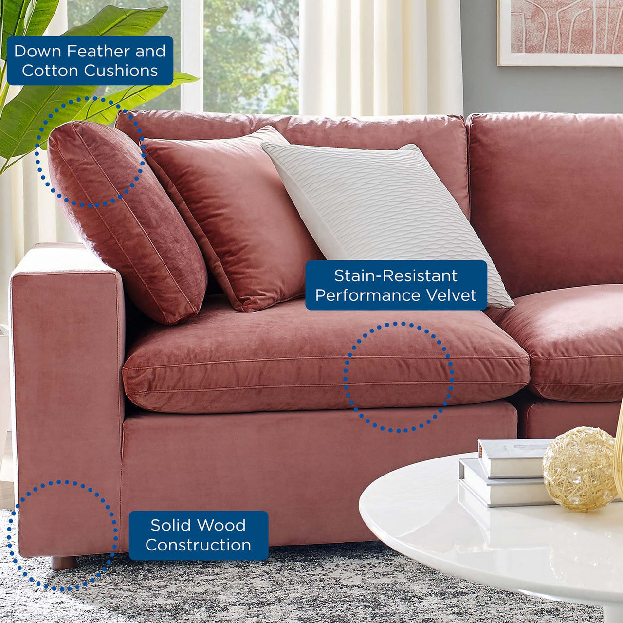 Angelic Cloudblend Velvet 4-Seater Sofa Sectional, Dusty Rose