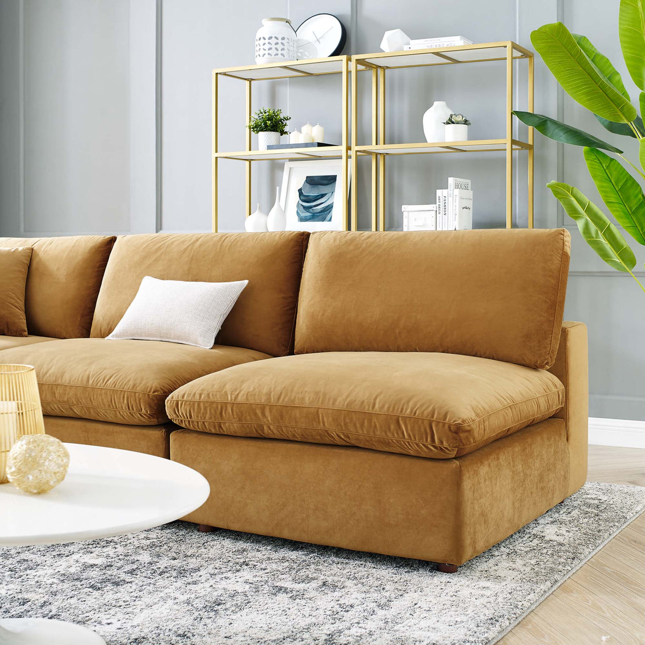 Angelic 5-Piece Cloudblend Velvet Sectional, Cognac