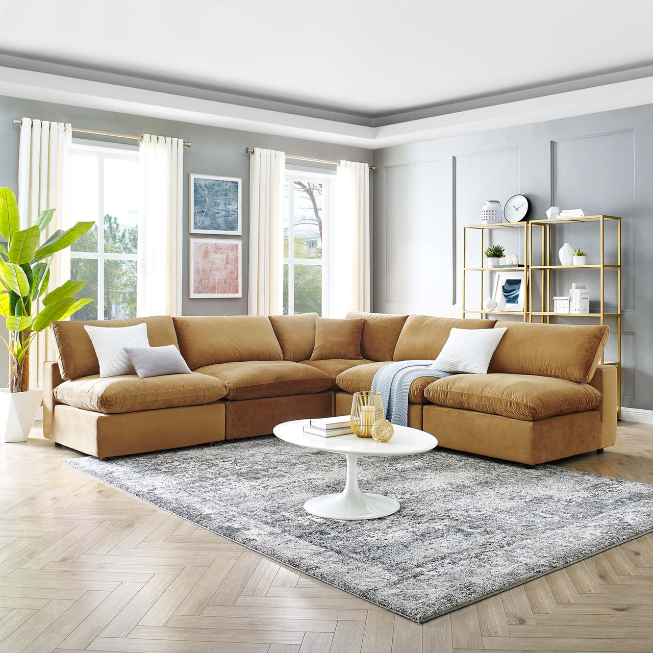 Angelic 5-Piece Cloudblend Velvet Sectional, Cognac