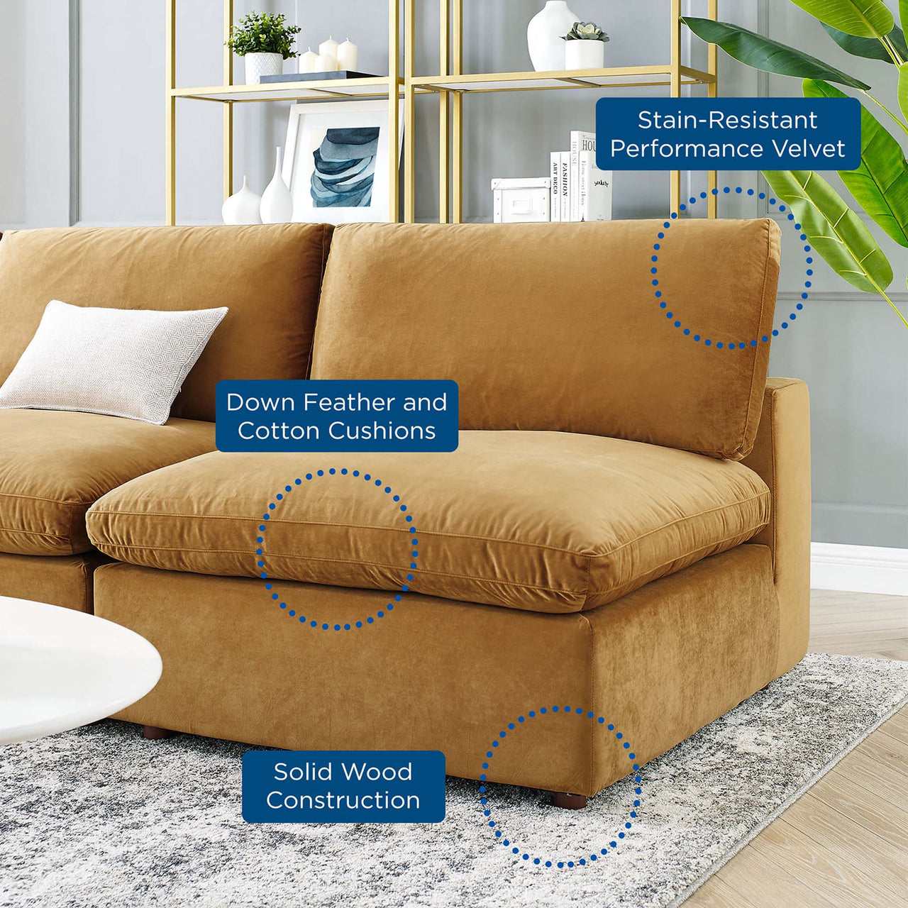 Angelic 5-Piece Cloudblend Velvet Sectional, Cognac
