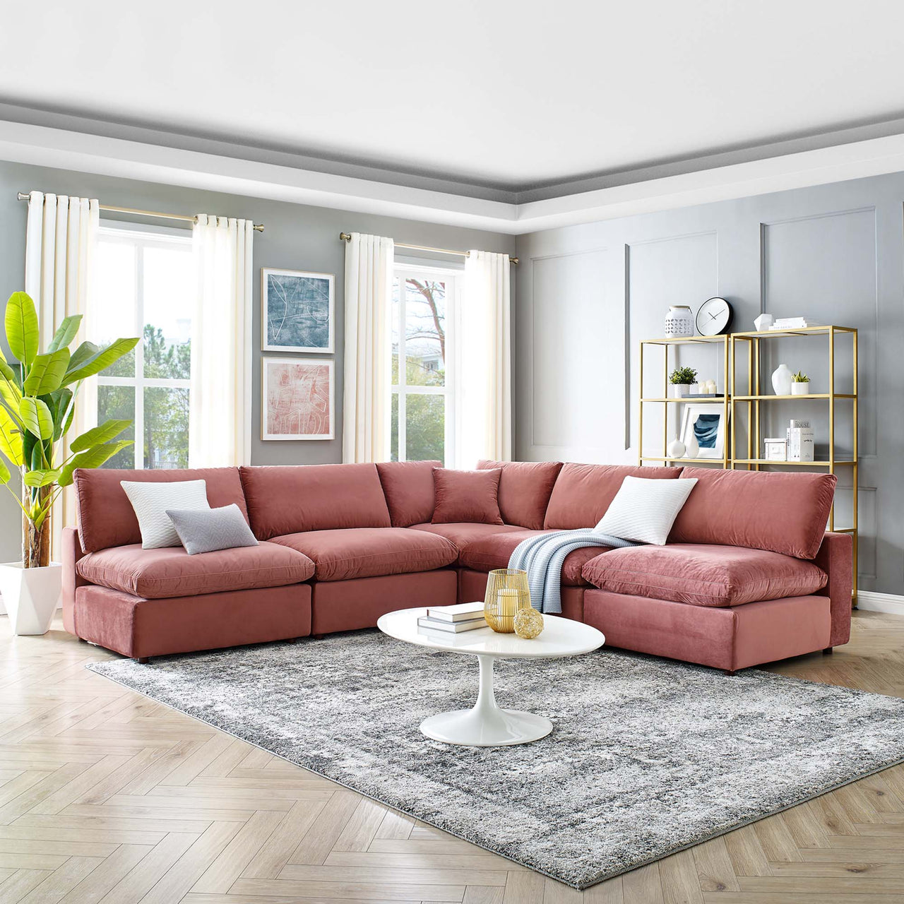 Angelic 5-Piece Cloudblend Velvet Sectional, Dusty Rose