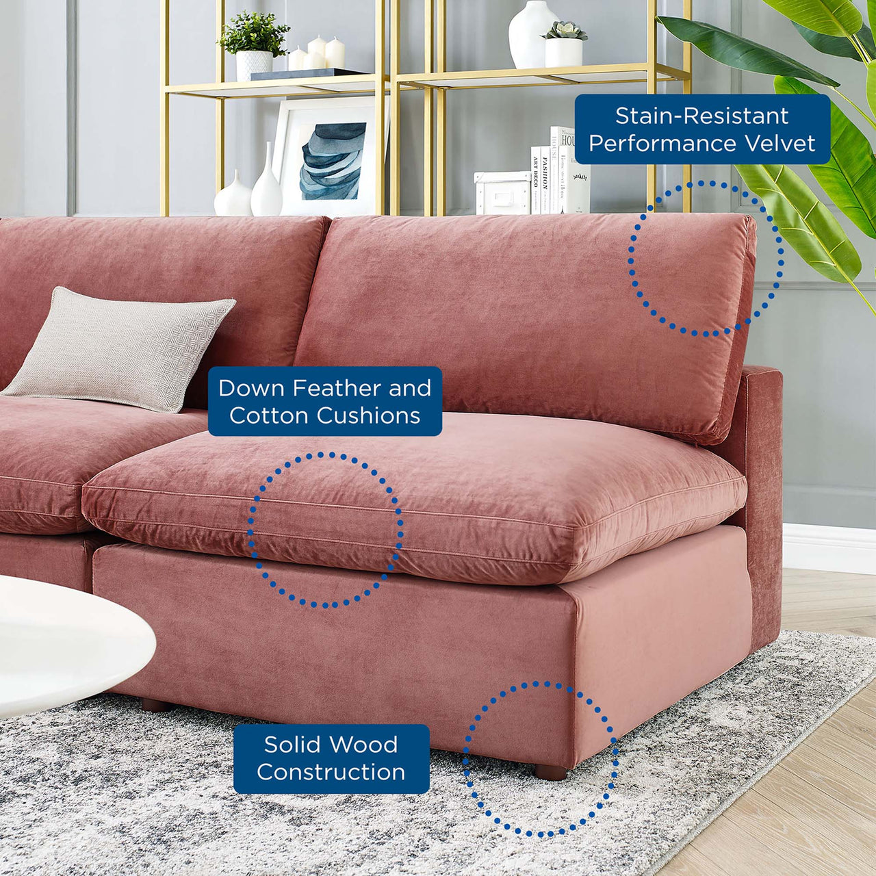 Angelic 5-Piece Cloudblend Velvet Sectional, Dusty Rose