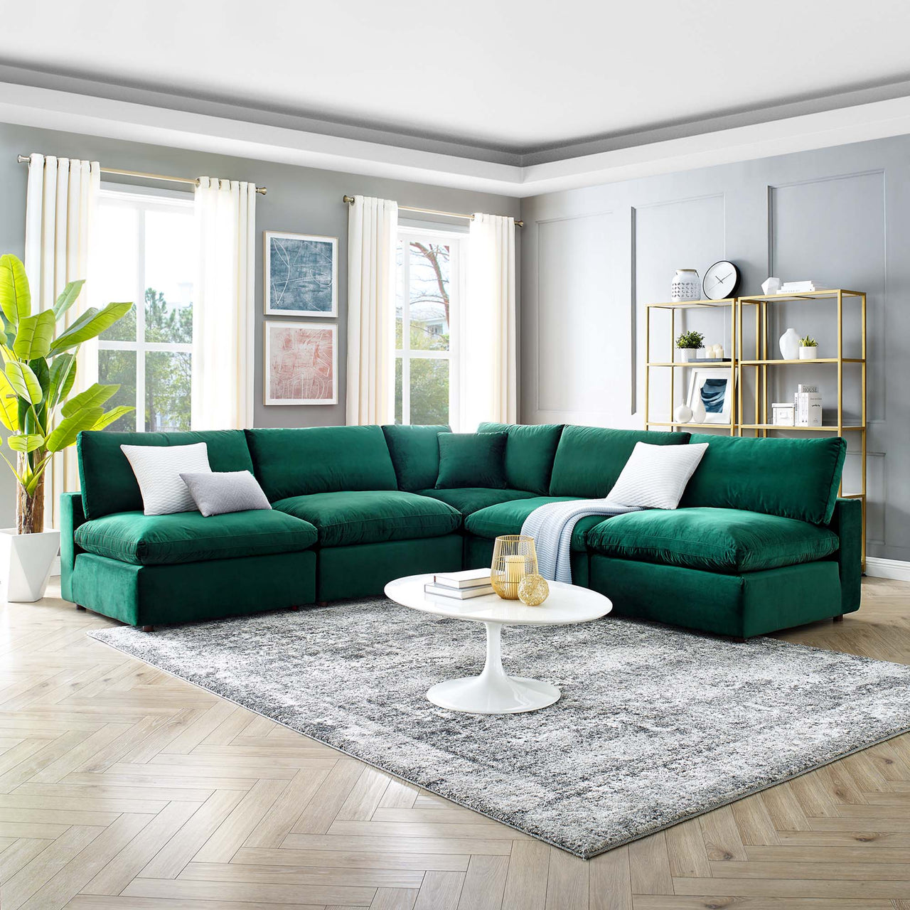 Angelic 5-Piece Cloudblend Velvet Sectional, Green