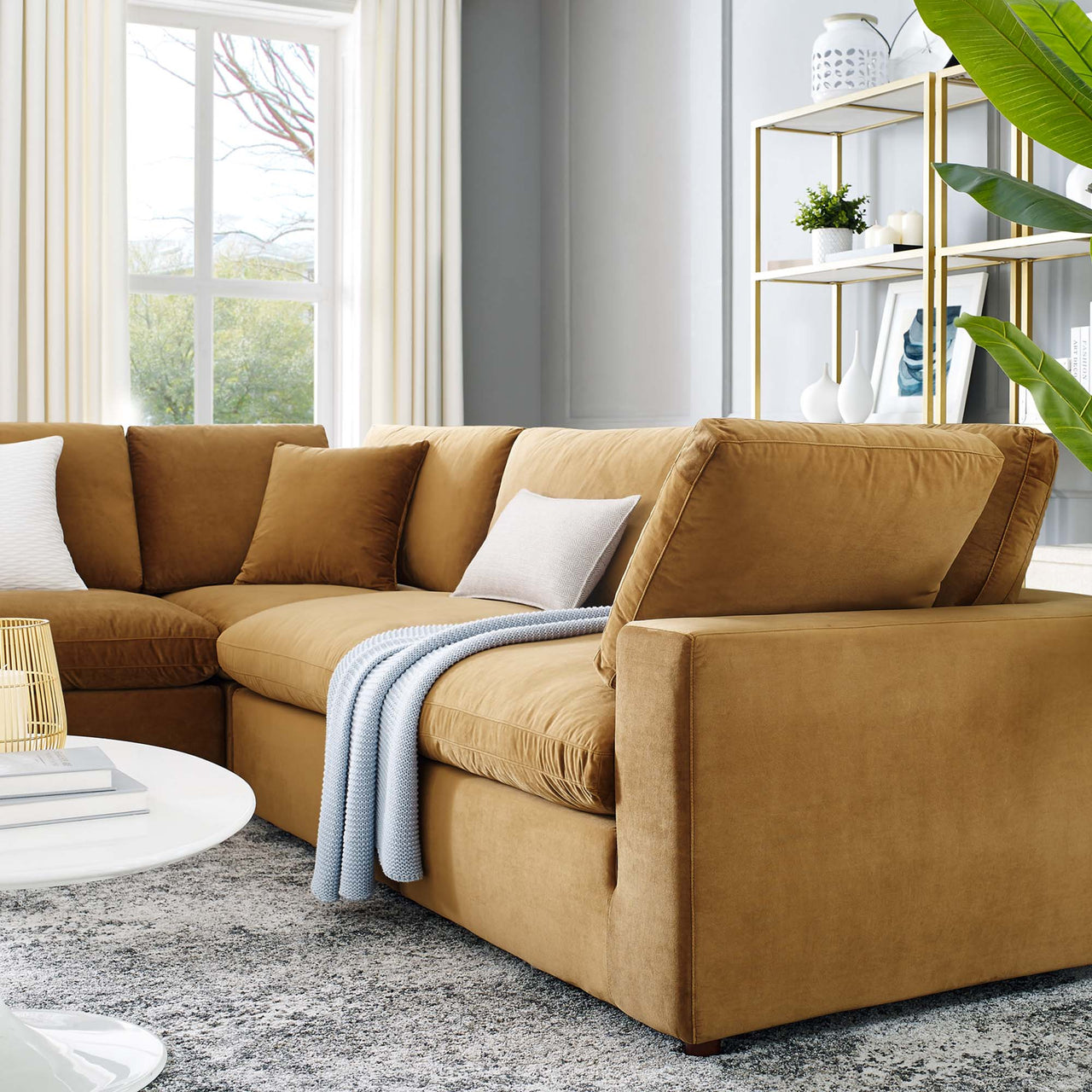Angelic 5-Piece Cloudblend Velvet Sectional, Cognac