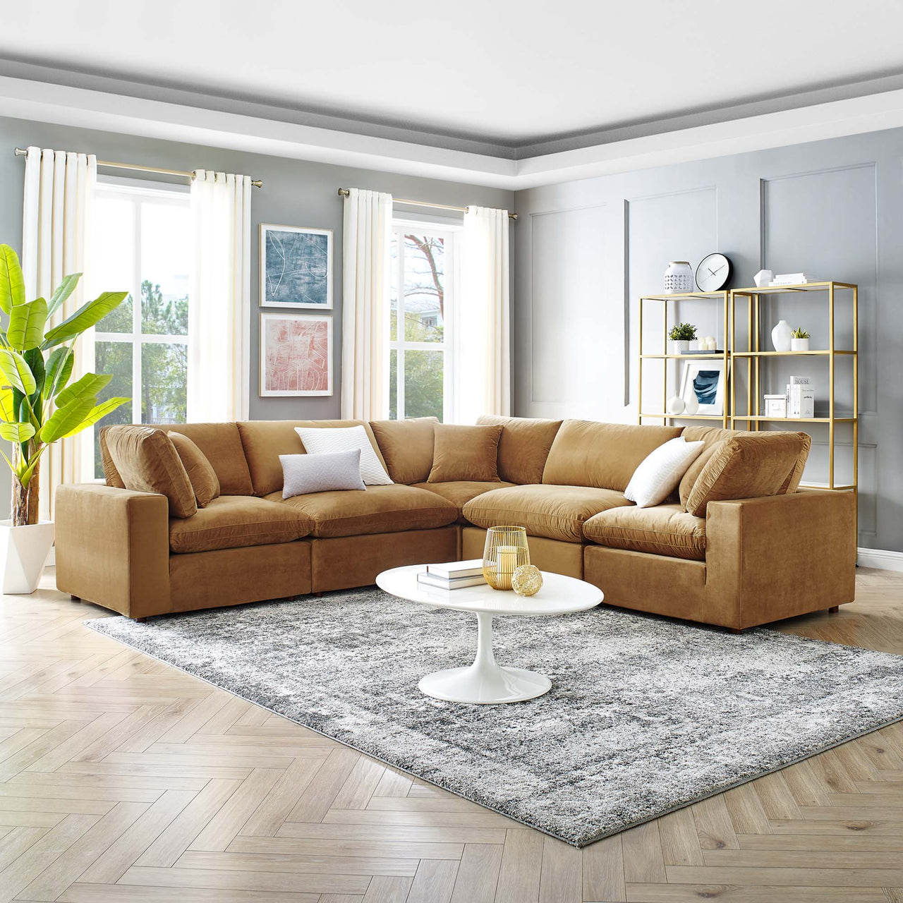 Angelic 5-Piece Cloudblend Velvet Sectional, Cognac