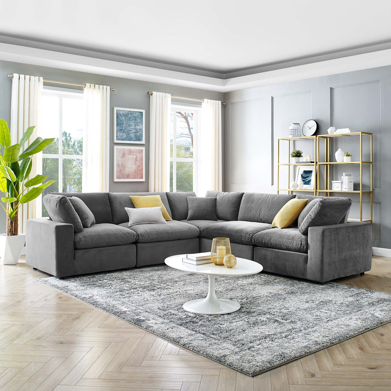 Angelic 5-Piece Cloudblend Velvet Sectional, Gray