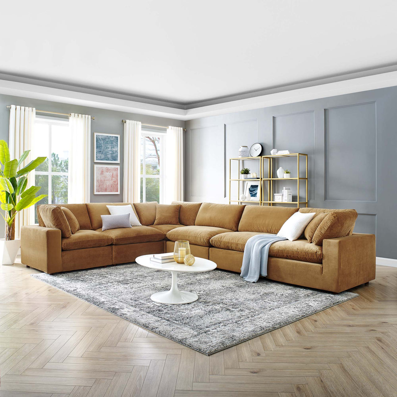 Angelic 6-Piece Cloudblend Velvet Sectional, Cognac