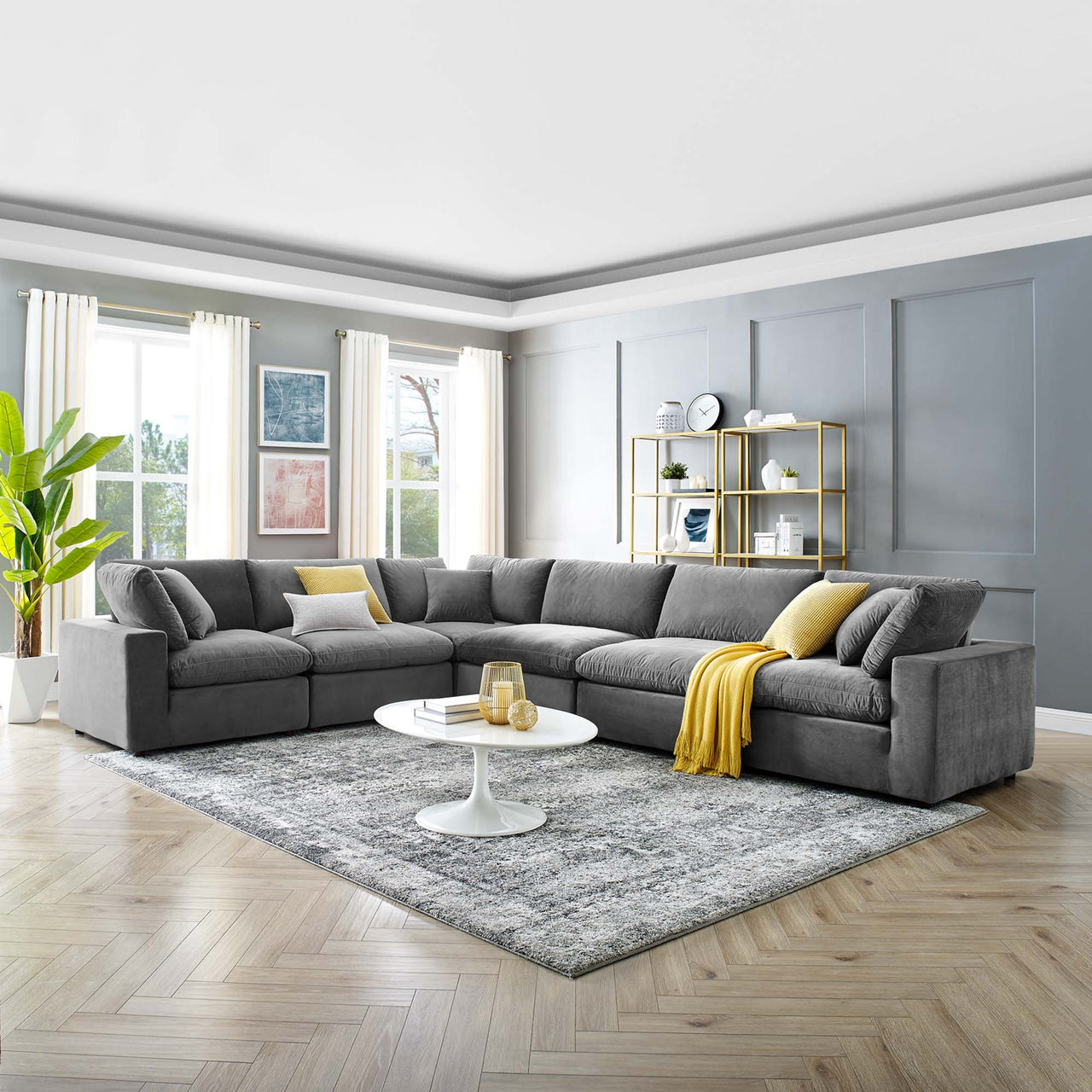 Commix 6-Piece Down Filled Overstuffed Performance Velvet Sectional, Gray