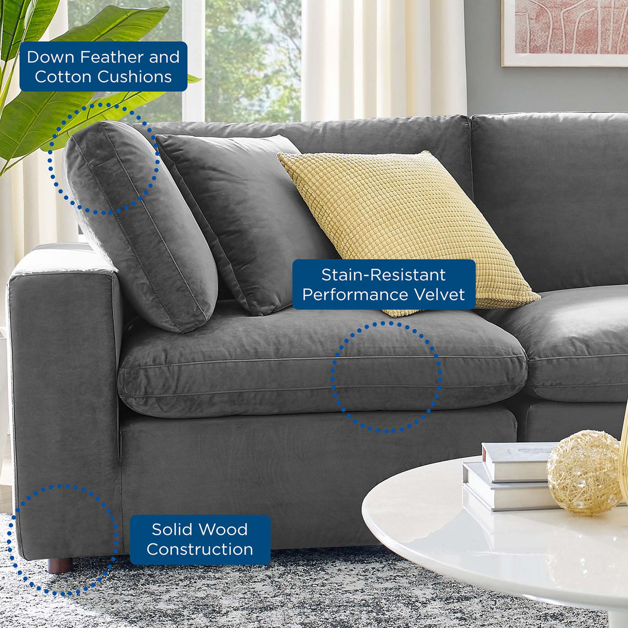 Commix 6-Piece Down Filled Overstuffed Performance Velvet Sectional, Gray