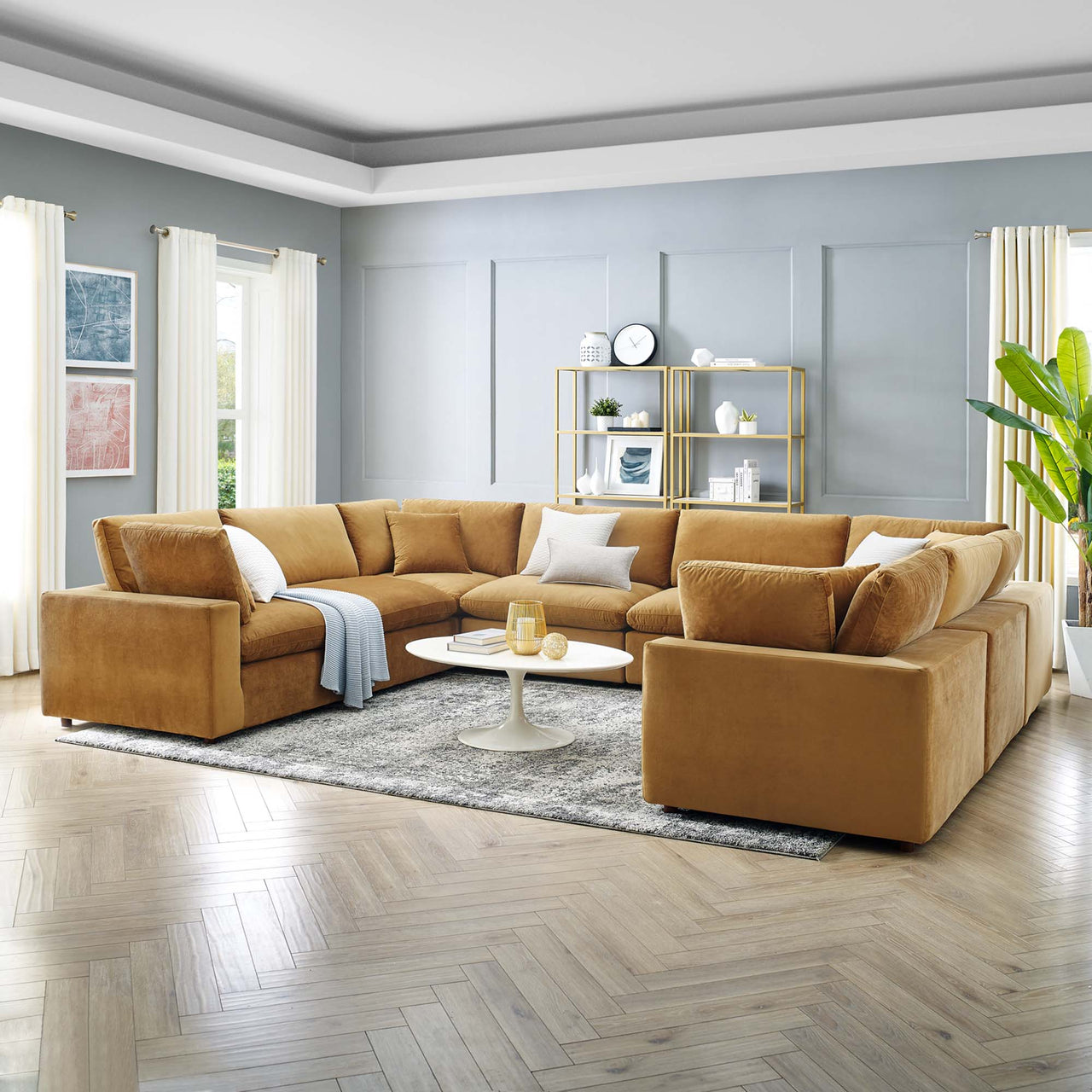 Commix 8-Piece Down Filled Overstuffed Performance Velvet Sectional, Cognac