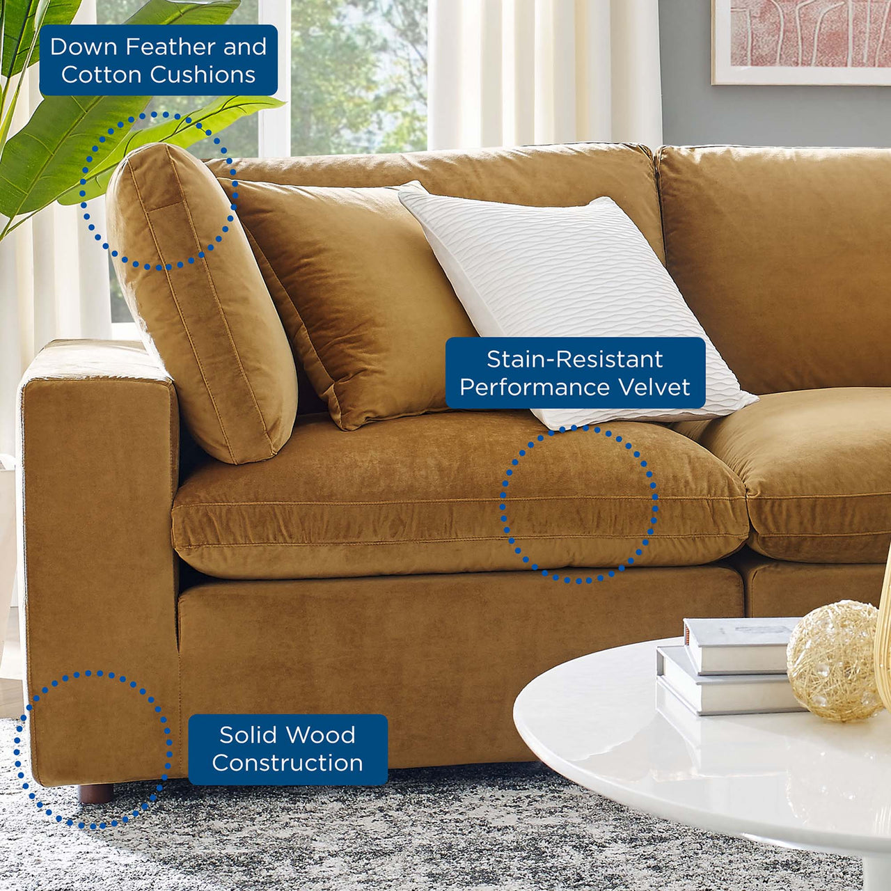 Commix 8-Piece Down Filled Overstuffed Performance Velvet Sectional, Cognac