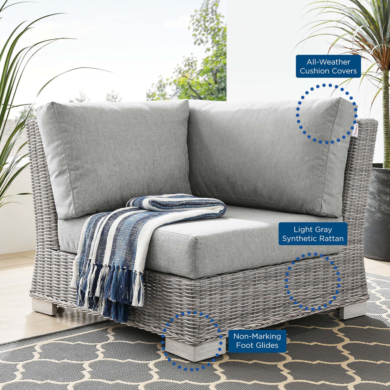 Corvara Alfresco Woven Corner Chair | Outdoor Modular Sectional Component, Light Gray & Gray