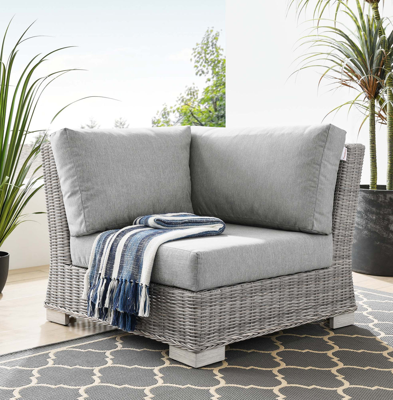 Corvara Alfresco Woven Corner Chair | Outdoor Modular Sectional Component, Light Gray & Gray
