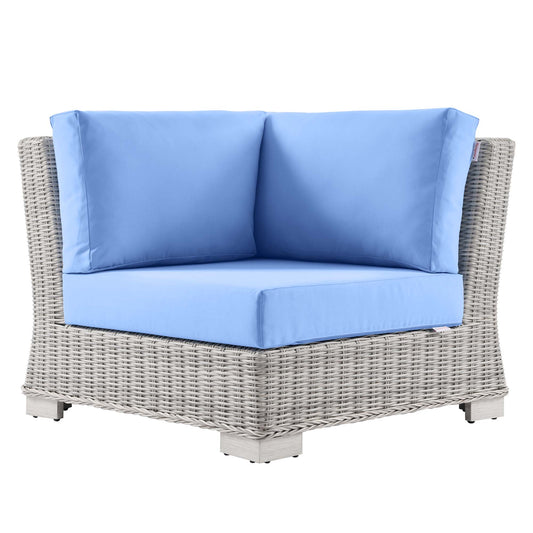 Corvara Alfresco Woven Corner Chair | Outdoor Modular Sectional Component, Light Gray & Light Blue