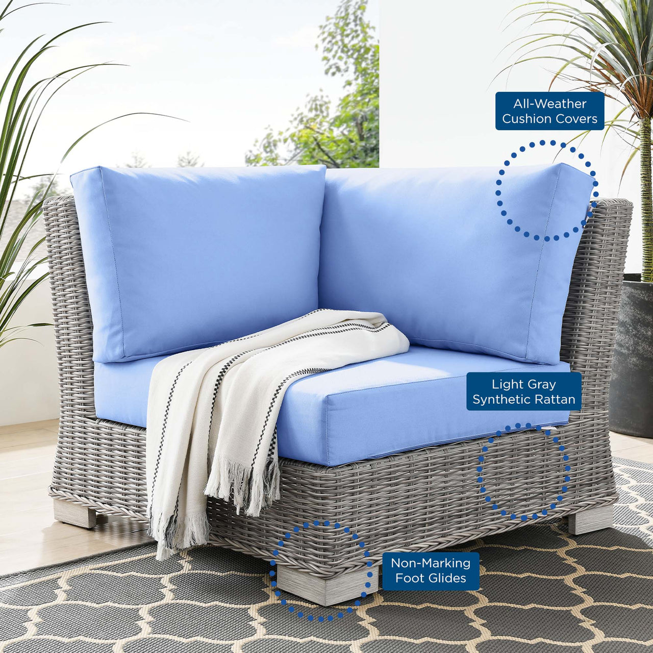 Corvara Alfresco Woven Corner Chair | Outdoor Modular Sectional Component, Light Gray & Light Blue