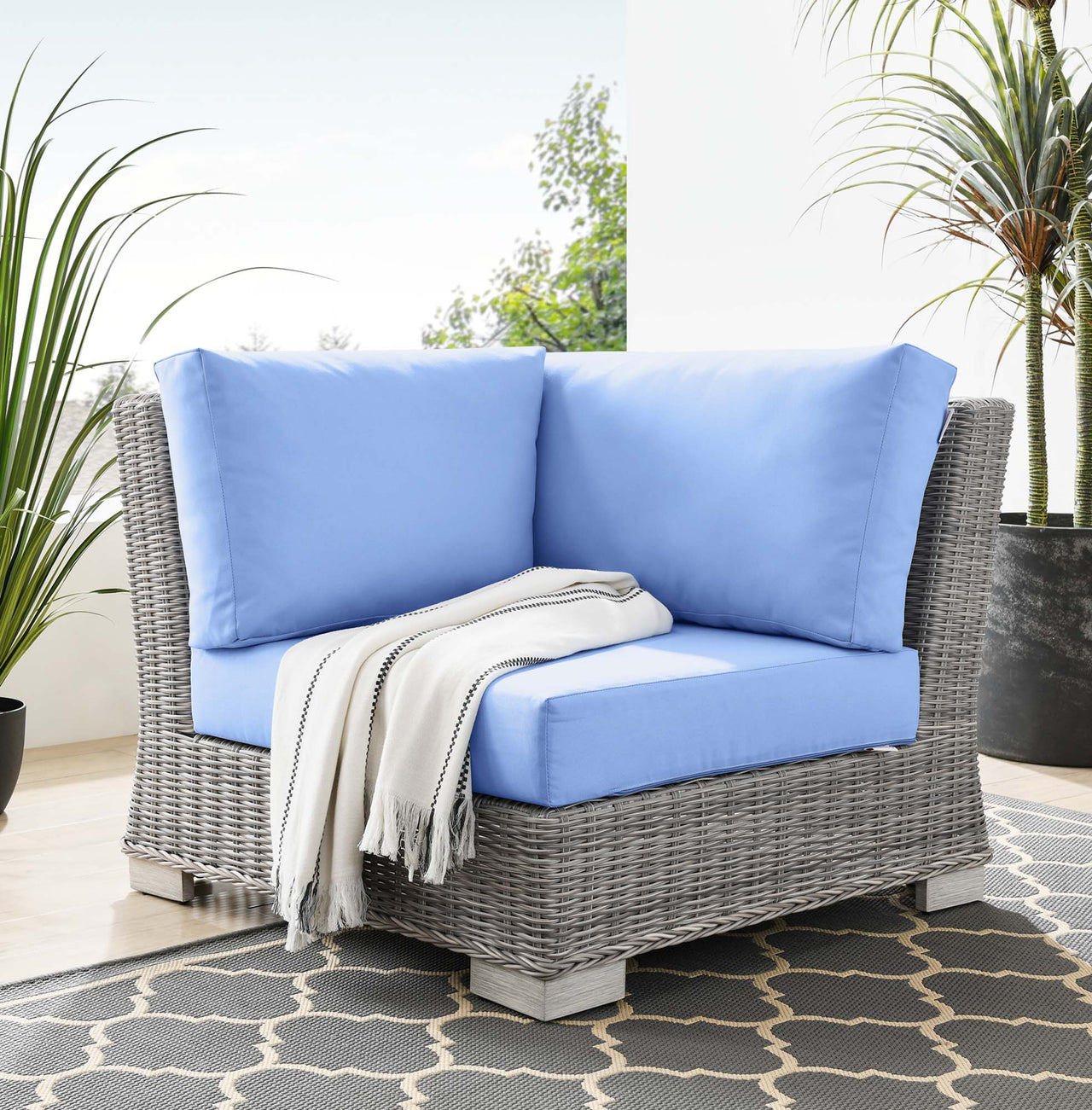 Corvara Alfresco Woven Corner Chair | Outdoor Modular Sectional Component, Light Gray & Light Blue
