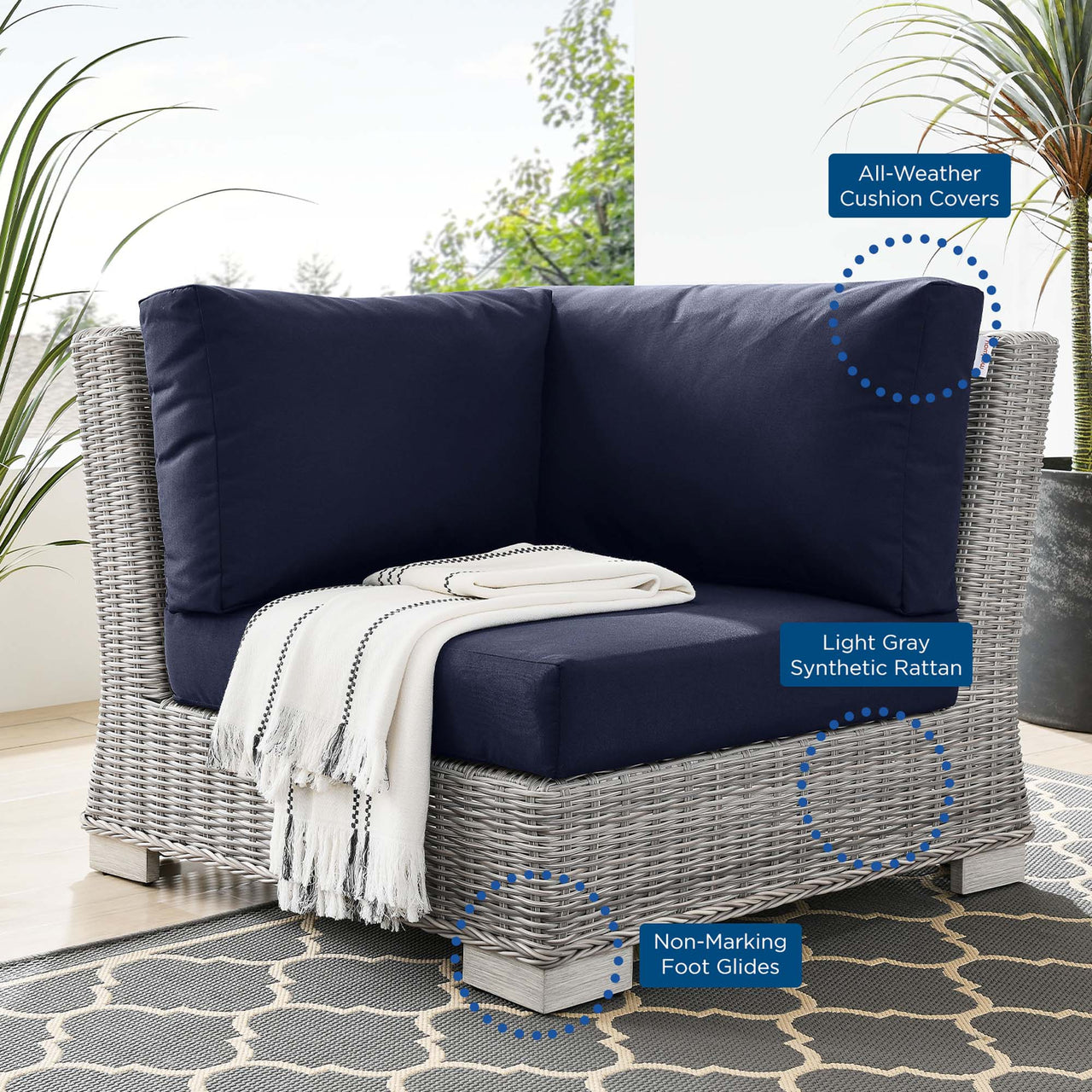 Corvara Alfresco Woven Corner Chair | Outdoor Modular Sectional Component, Light Gray & Navy