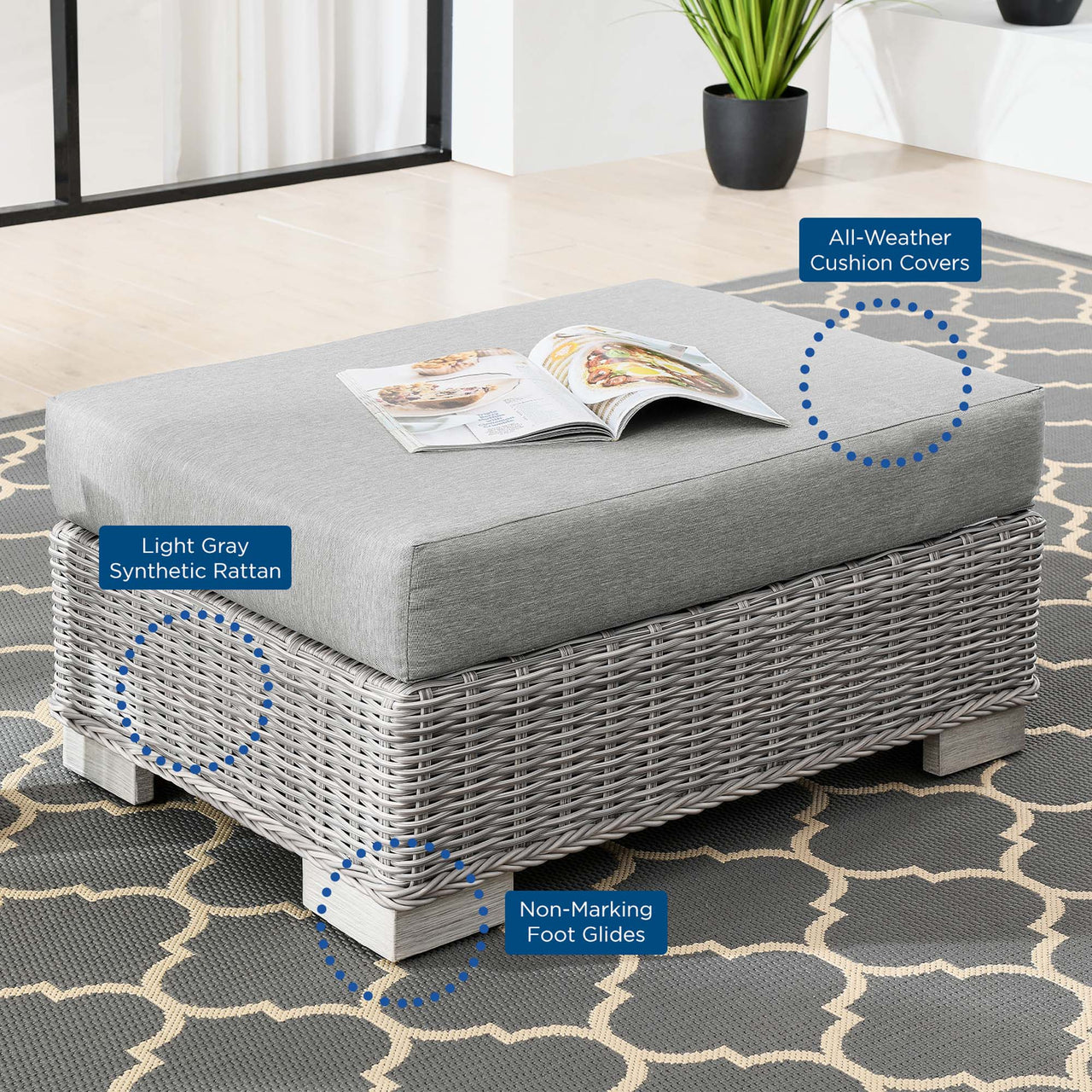 Corvara Alfresco Woven Ottoman | Outdoor Modular Sectional Component, Light Gray & Gray