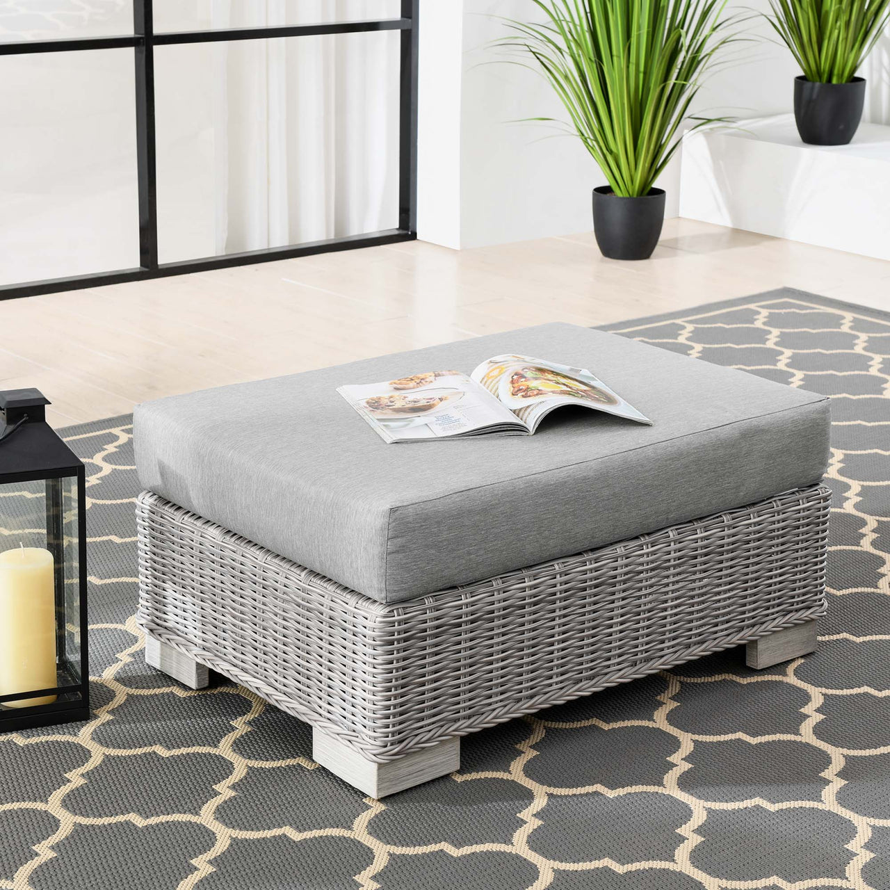 Corvara Alfresco Woven Ottoman | Outdoor Modular Sectional Component, Light Gray & Gray