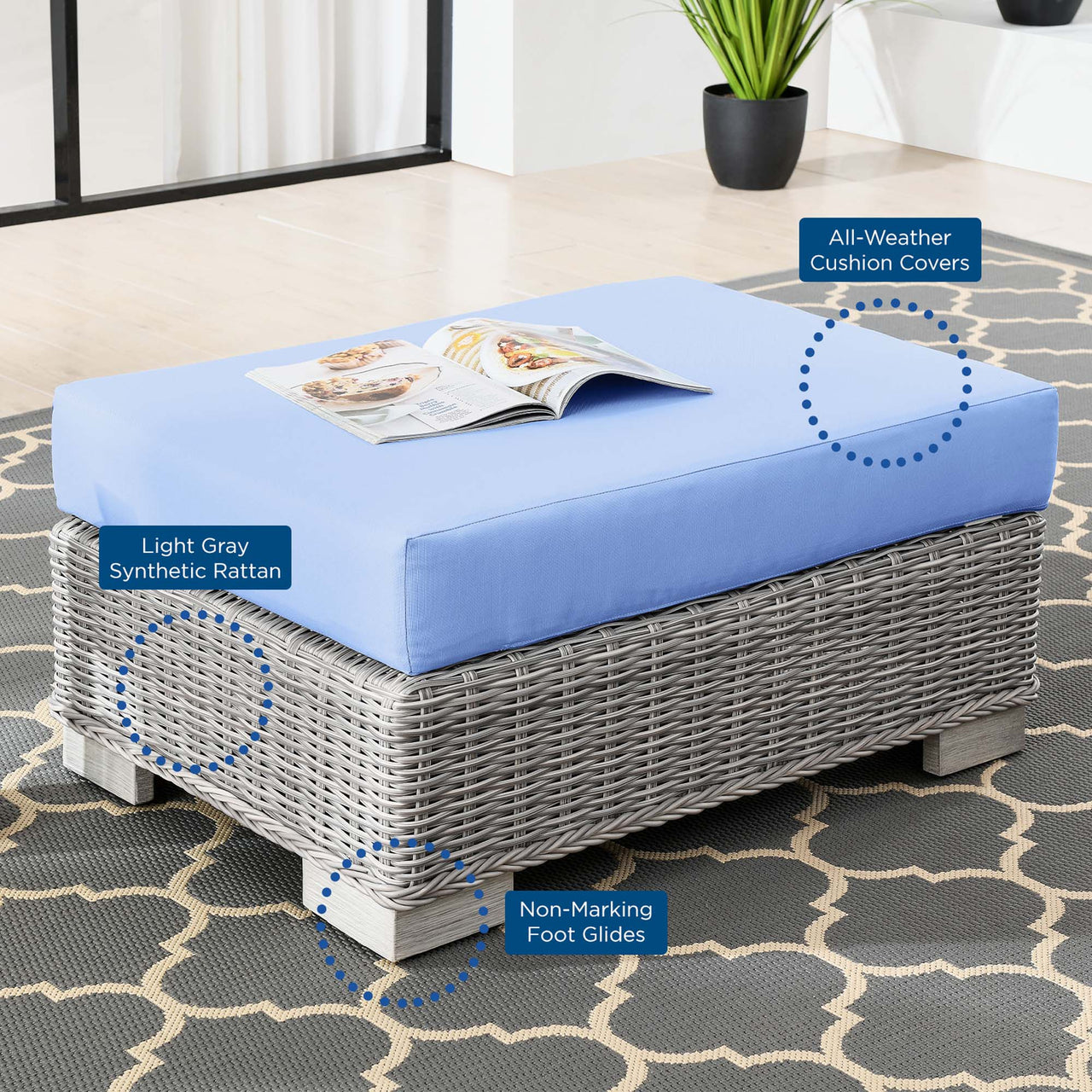 Corvara Alfresco Woven Ottoman | Outdoor Modular Sectional Component, Light Gray & Light Blue