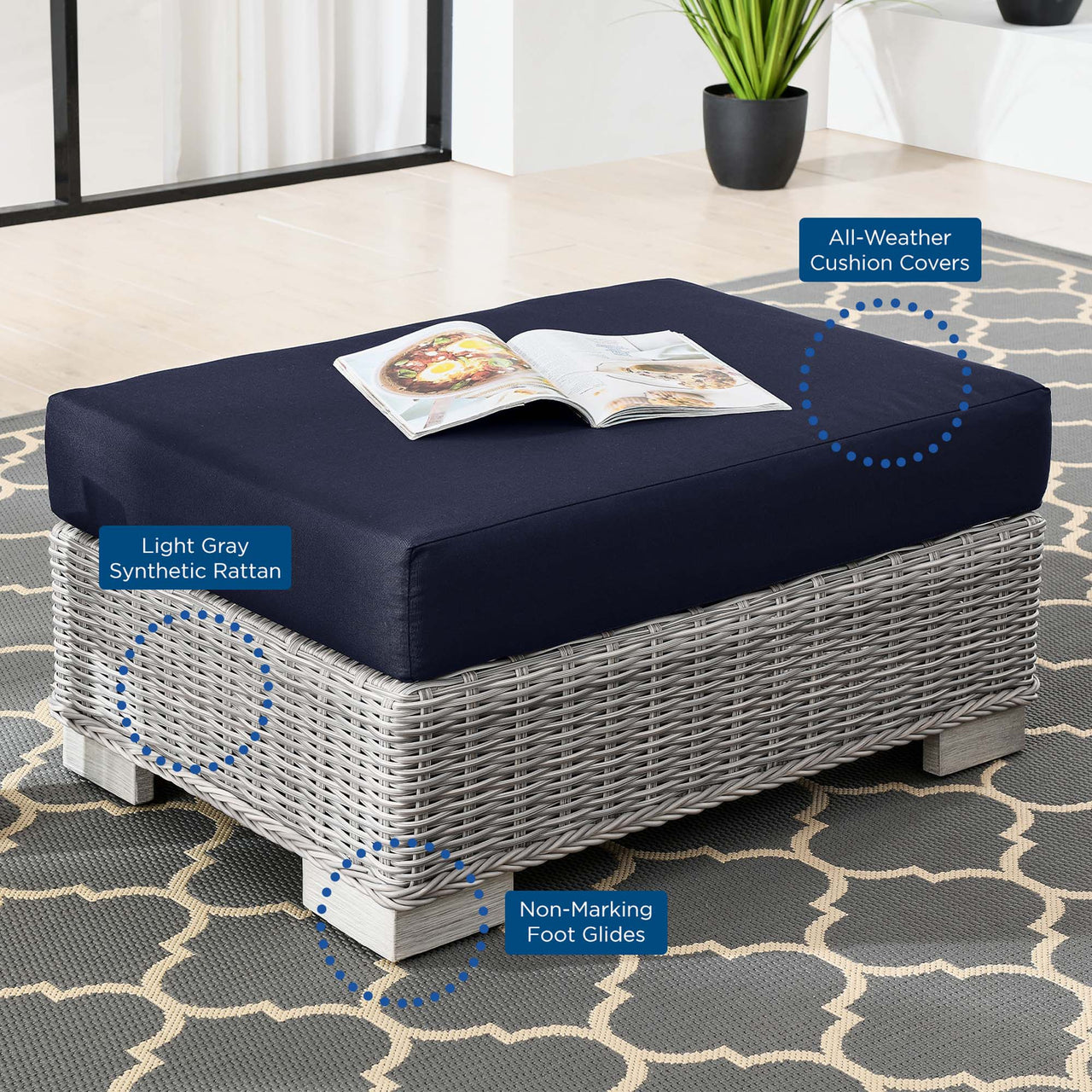 Corvara Alfresco Woven Ottoman | Outdoor Modular Sectional Component, Light Gray & Navy