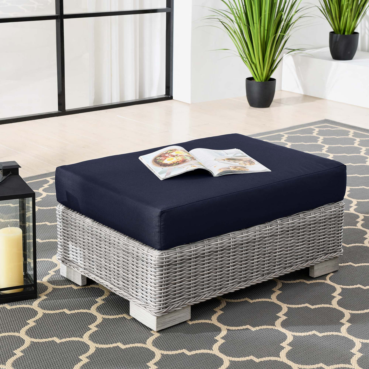 Corvara Alfresco Woven Ottoman | Outdoor Modular Sectional Component, Light Gray & Navy
