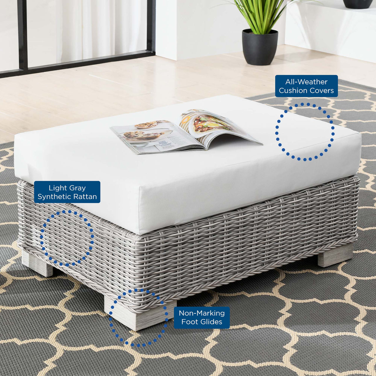 Corvara Alfresco Woven Ottoman | Outdoor Modular Sectional Component, Light Gray & White