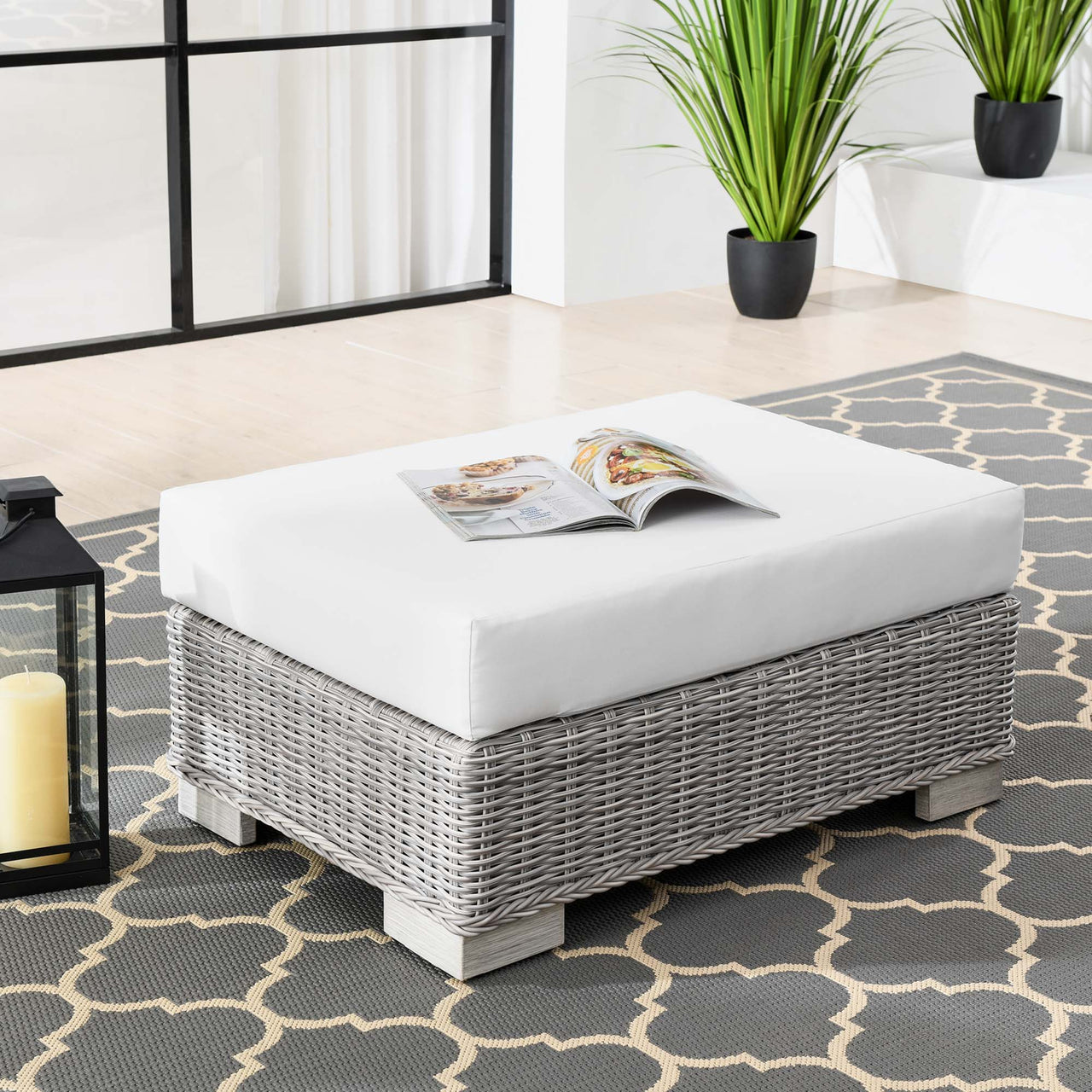 Corvara Alfresco Woven Ottoman | Outdoor Modular Sectional Component, Light Gray & White