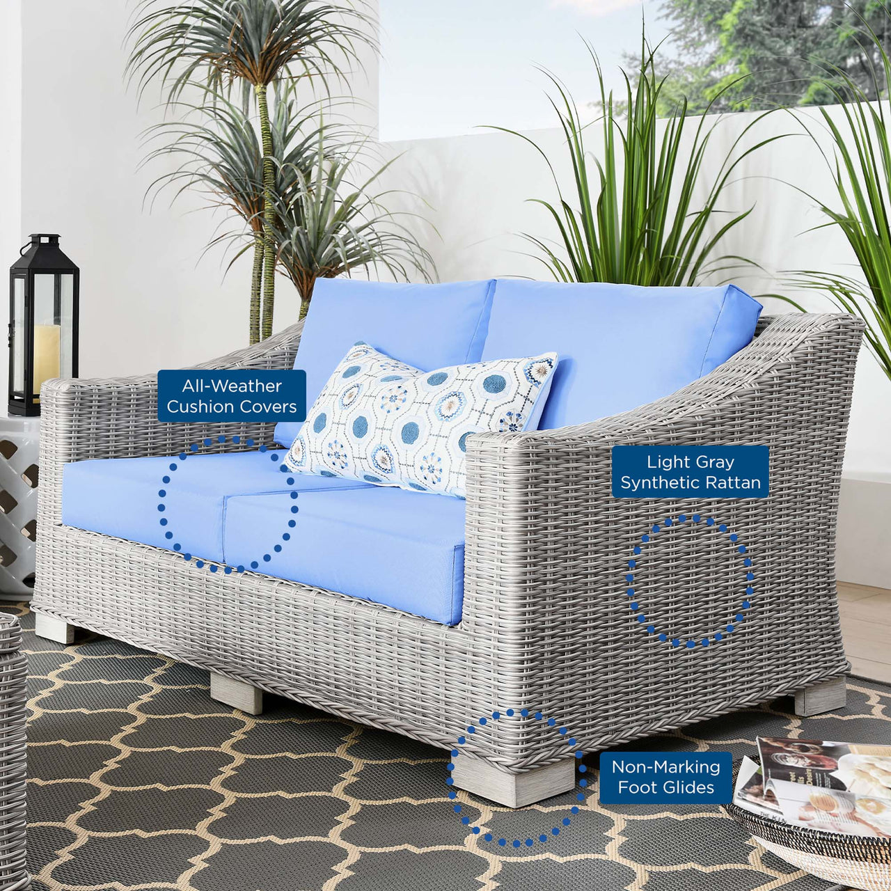 Corvara Alfresco Woven Loveseat, Light Gray & Light Blue