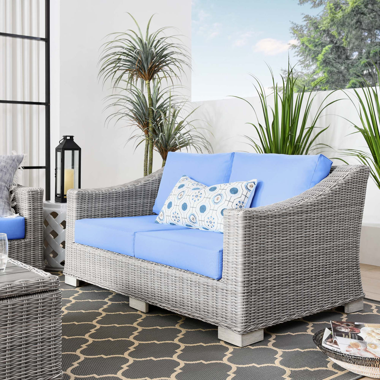 Corvara Alfresco Woven Loveseat, Light Gray & Light Blue