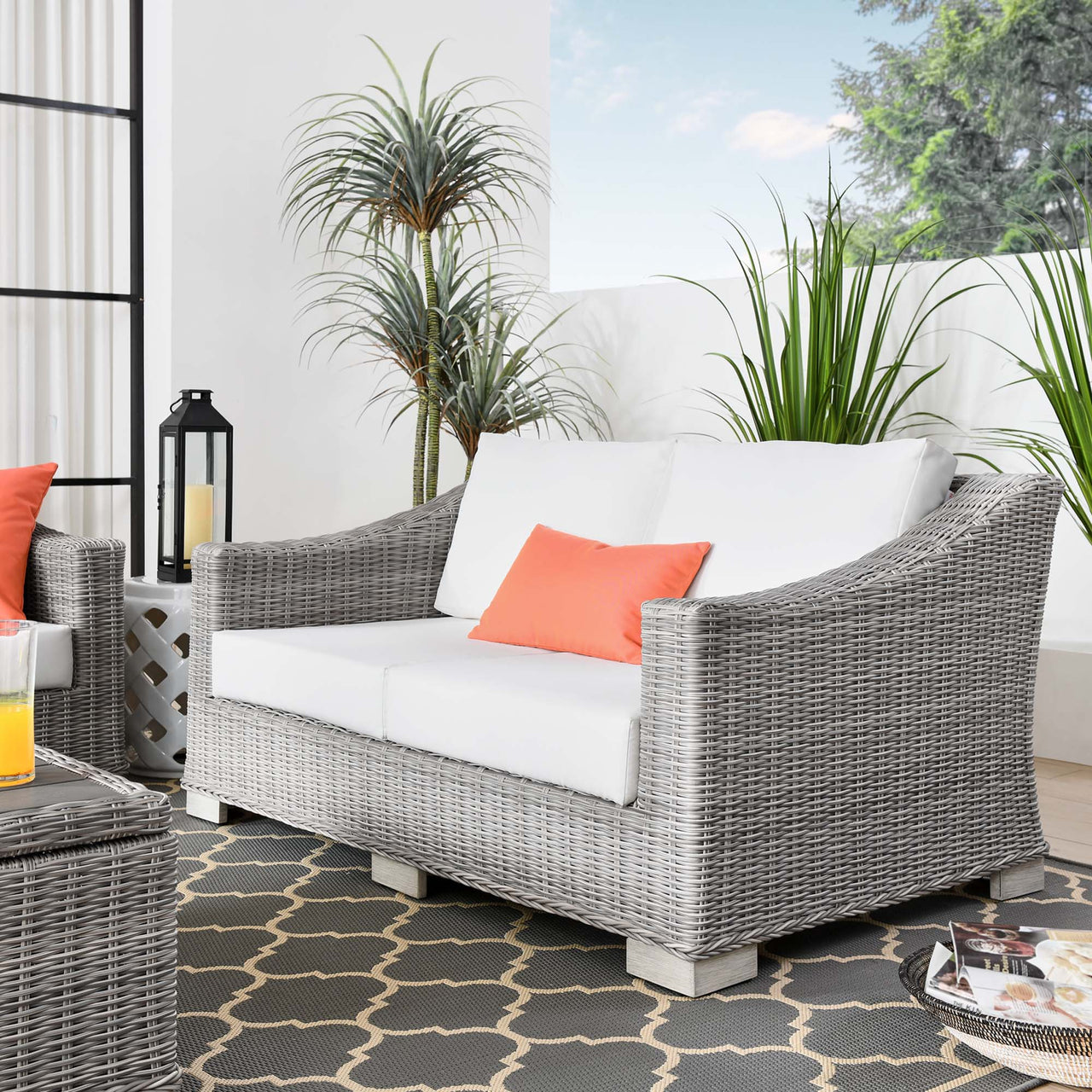 Corvara Alfresco Woven Loveseat, Light Gray & White