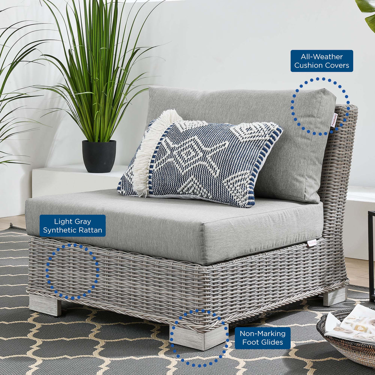 Corvara Alfresco Woven Armless Chair | Outdoor Modular Sectional Component, Light Gray & Gray