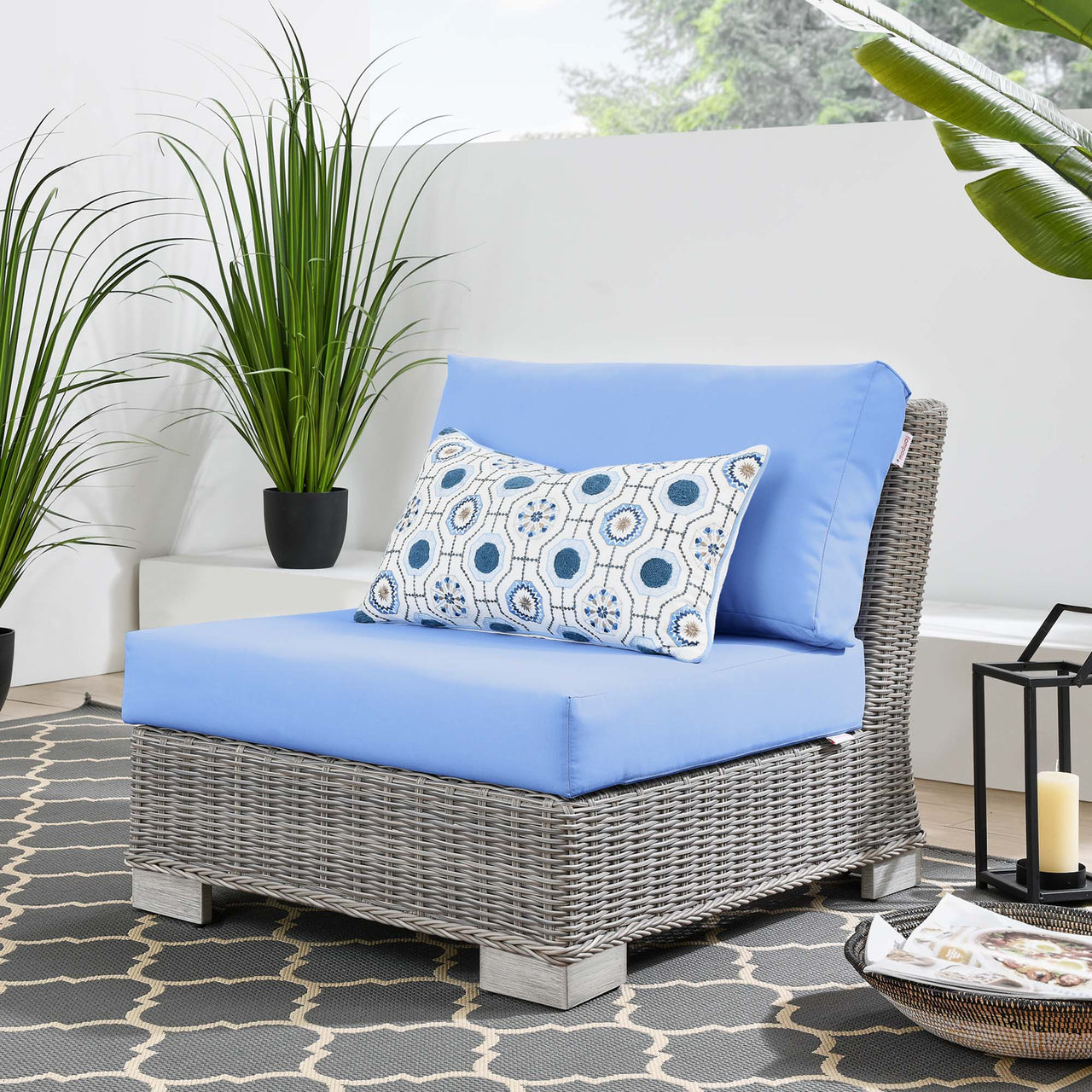 Corvara Alfresco Woven Armless Chair | Outdoor Modular Sectional Component, Light Gray & Light Blue
