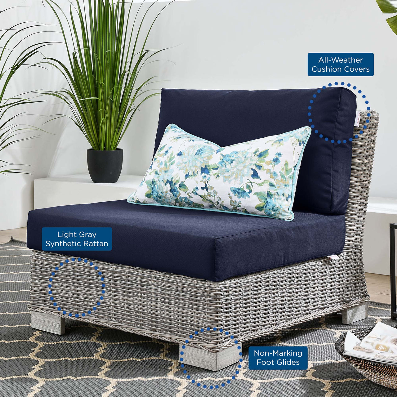 Corvara Alfresco Woven Armless Chair | Outdoor Modular Sectional Component, Light Gray & Navy
