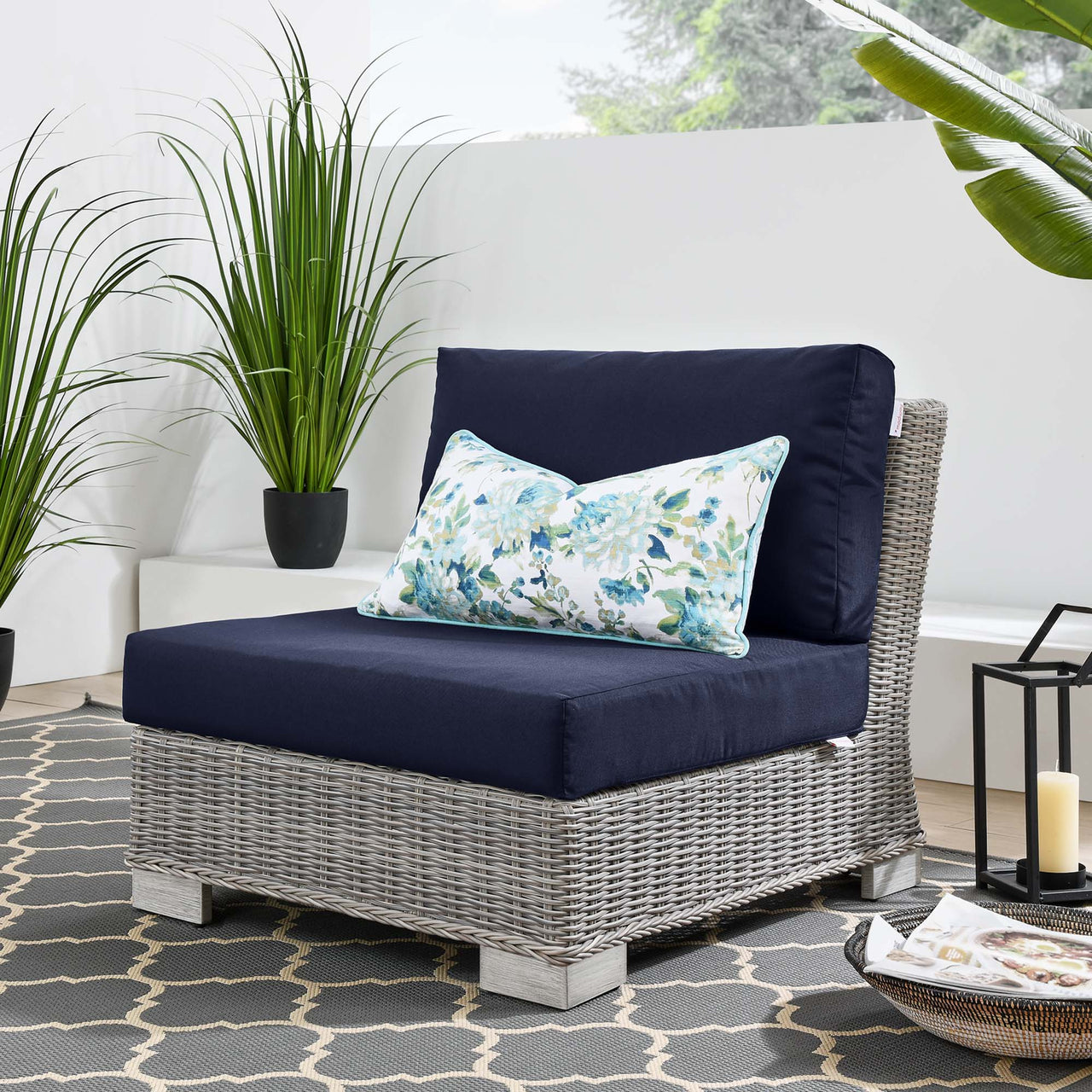 Corvara Alfresco Woven Armless Chair | Outdoor Modular Sectional Component, Light Gray & Navy