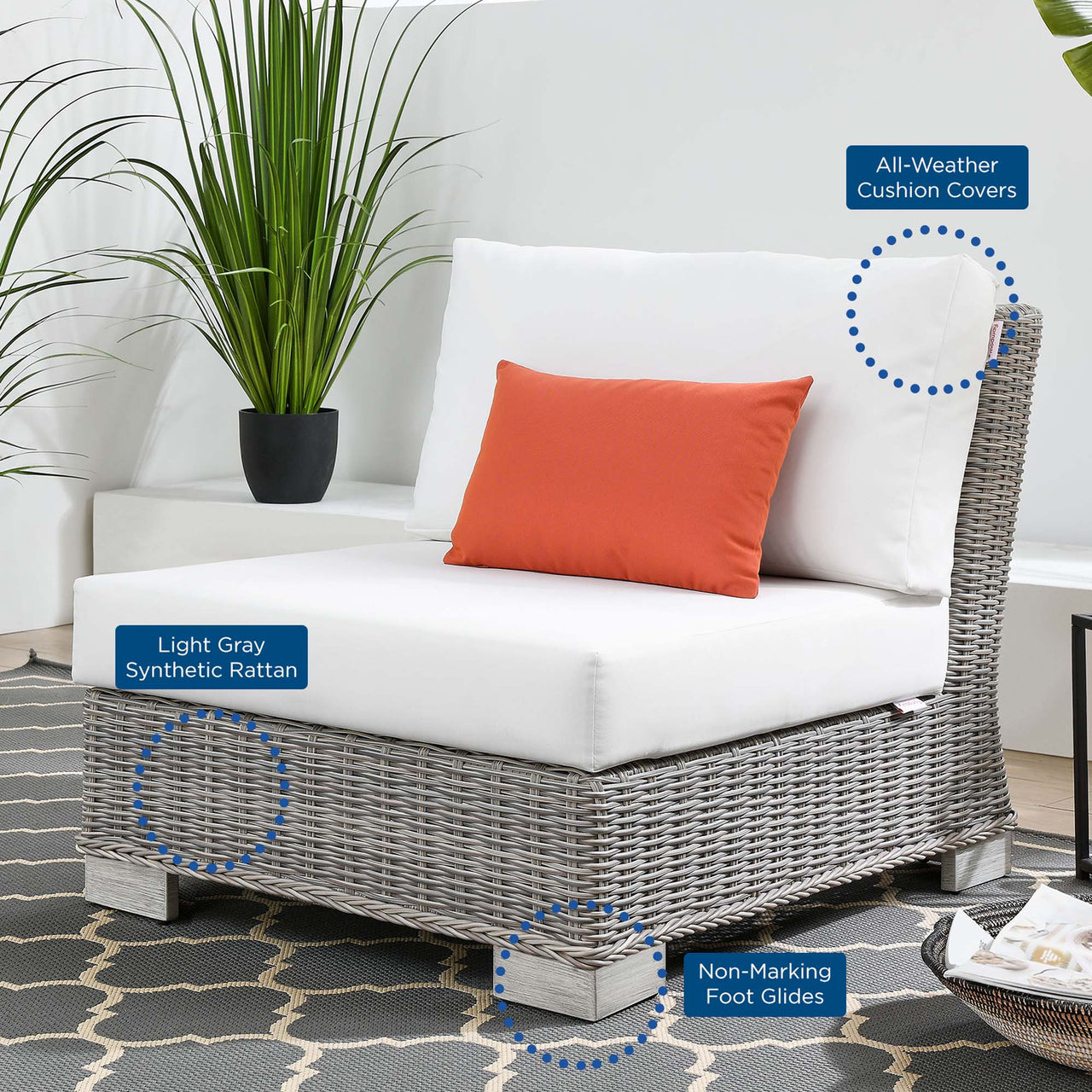 Corvara Alfresco Woven Armless Chair | Outdoor Modular Sectional Component, Light Gray & White