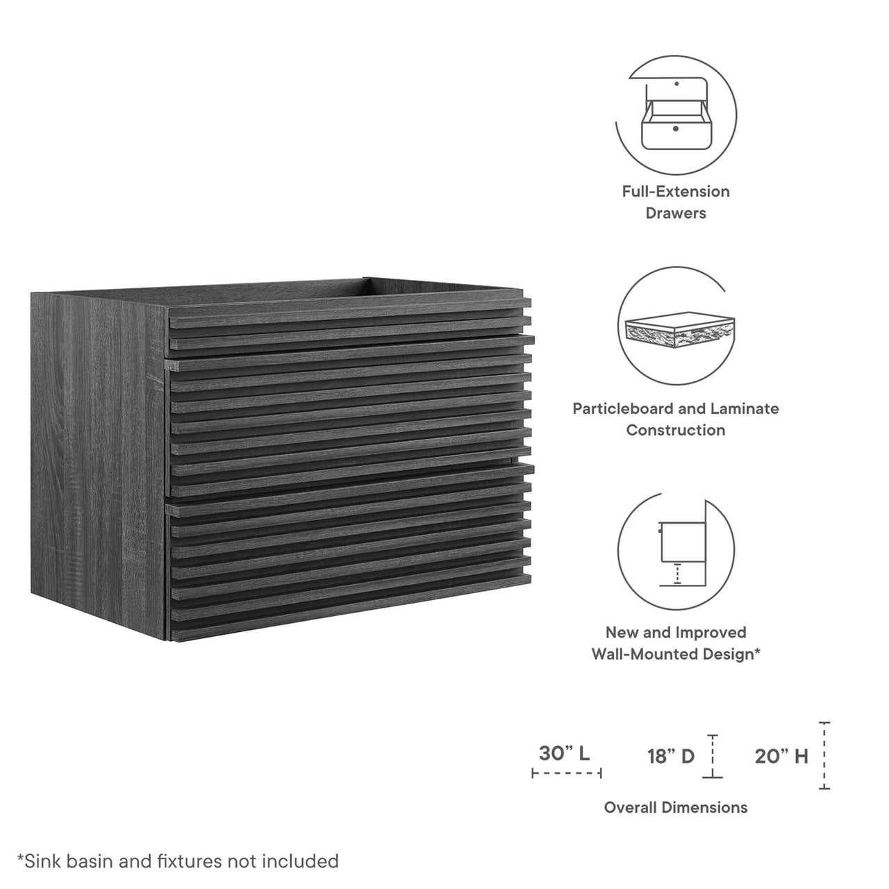 Ventra Floating Vanity Base with Storage, Medium, Charcoal