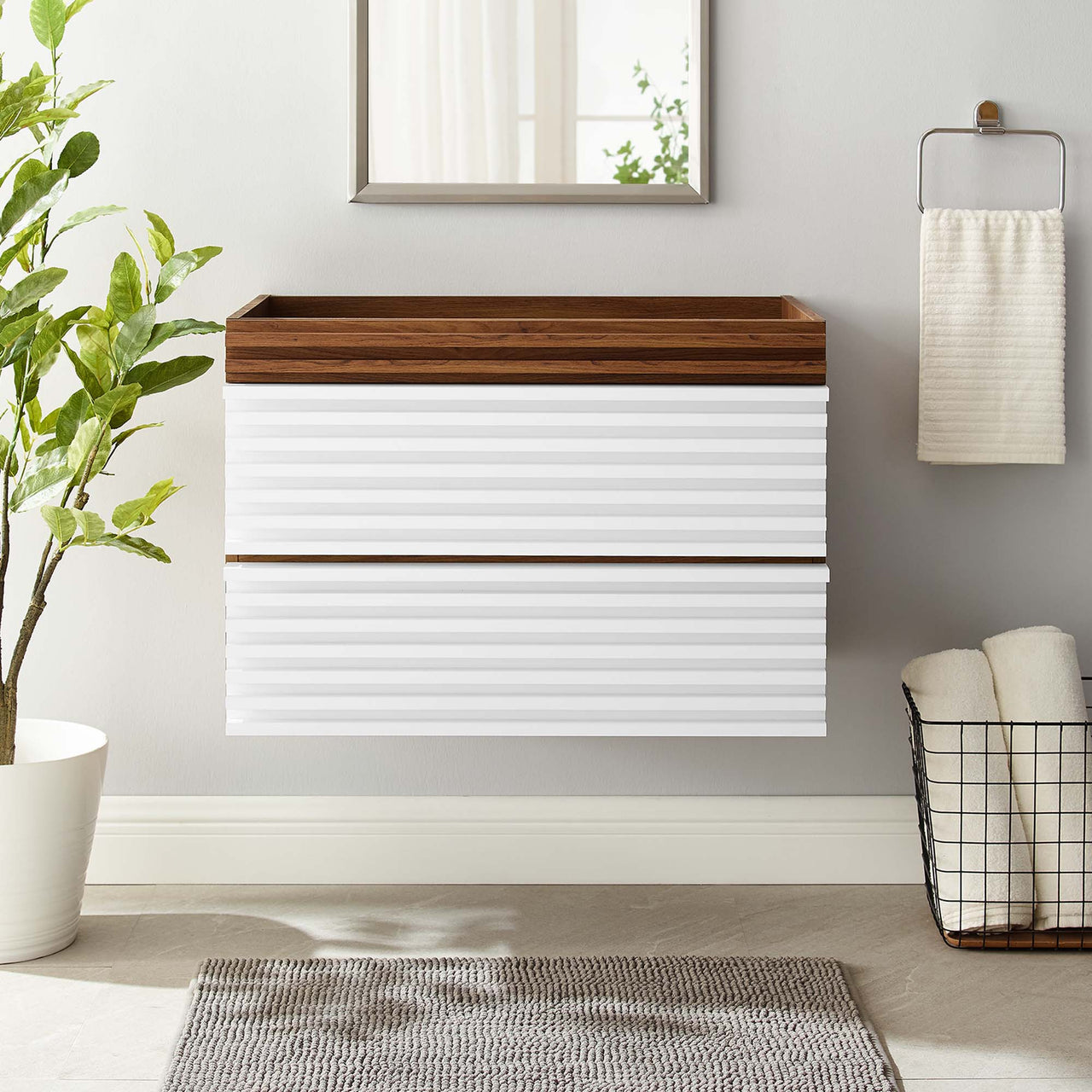 Ventra Floating Vanity Base with Storage, Medium, White & Walnut