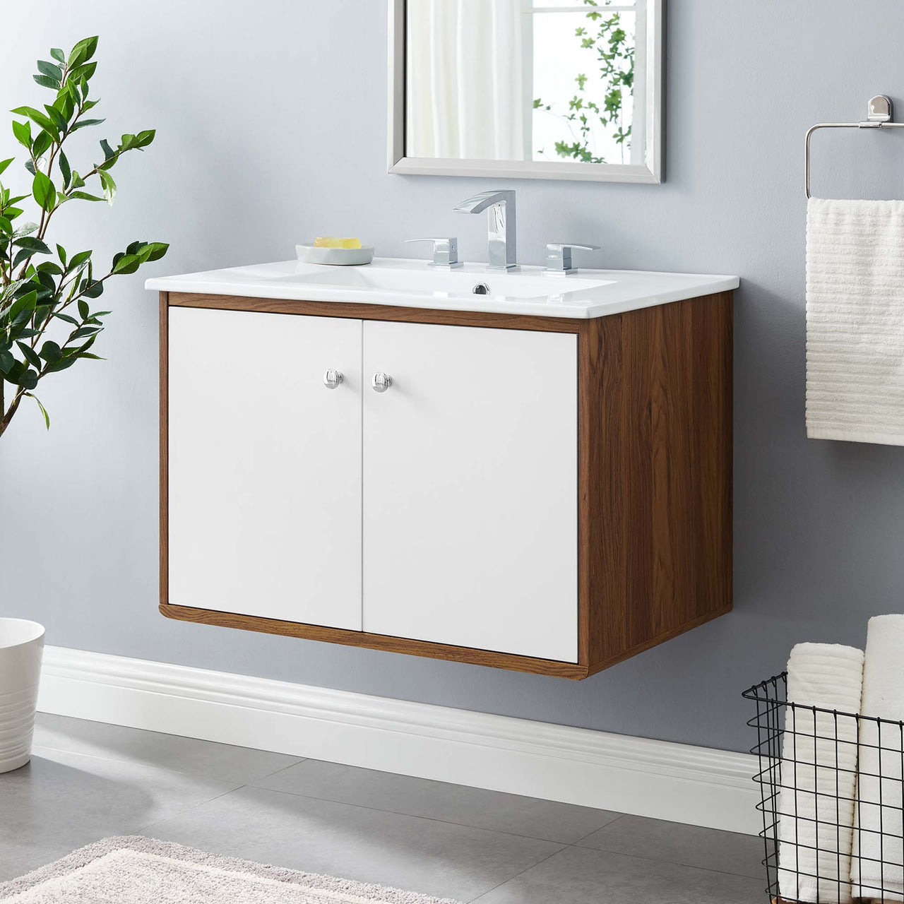 Erisen Floating Vanity Unit, Medium, Walnut & White
