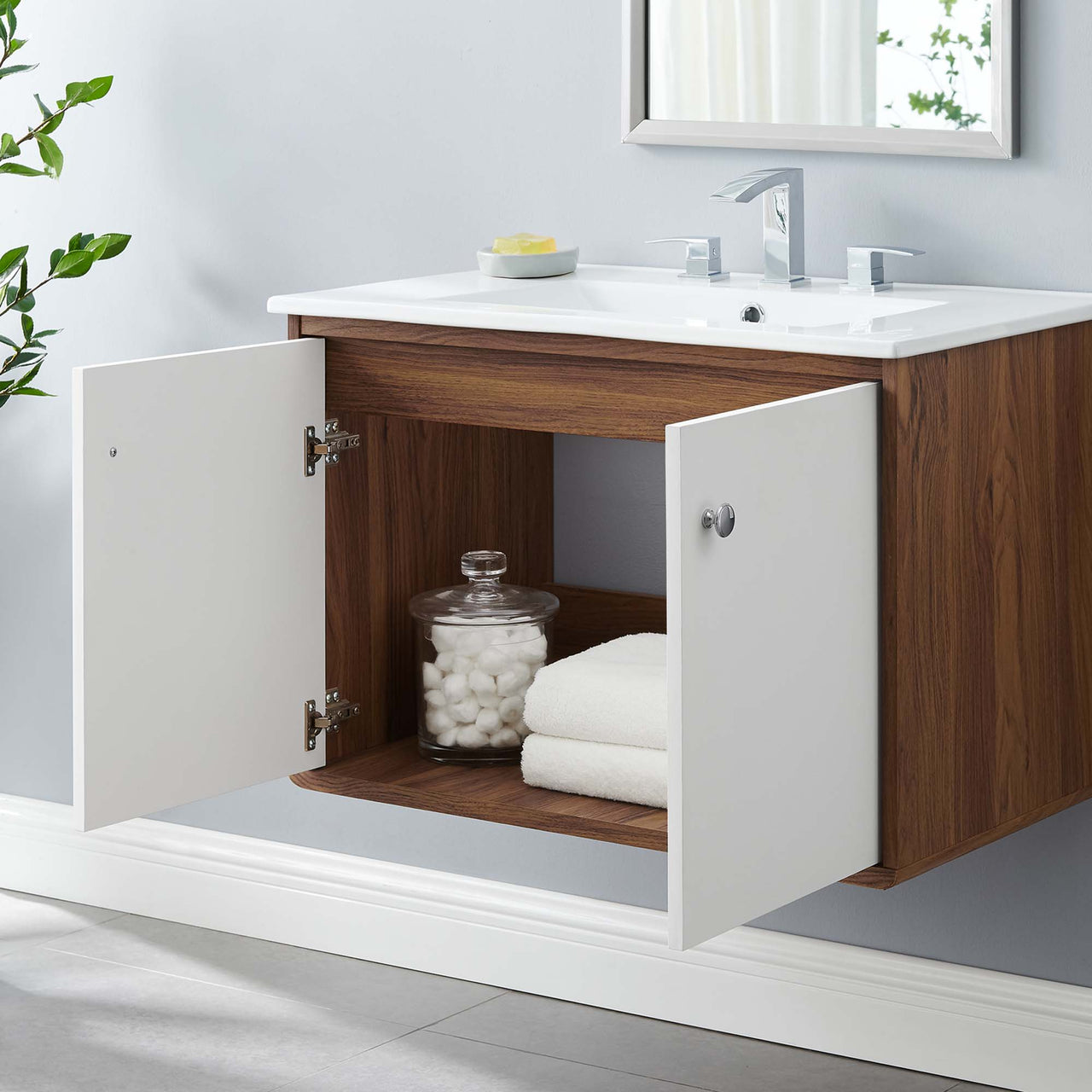 Erisen Floating Vanity Unit, Medium, Walnut & White