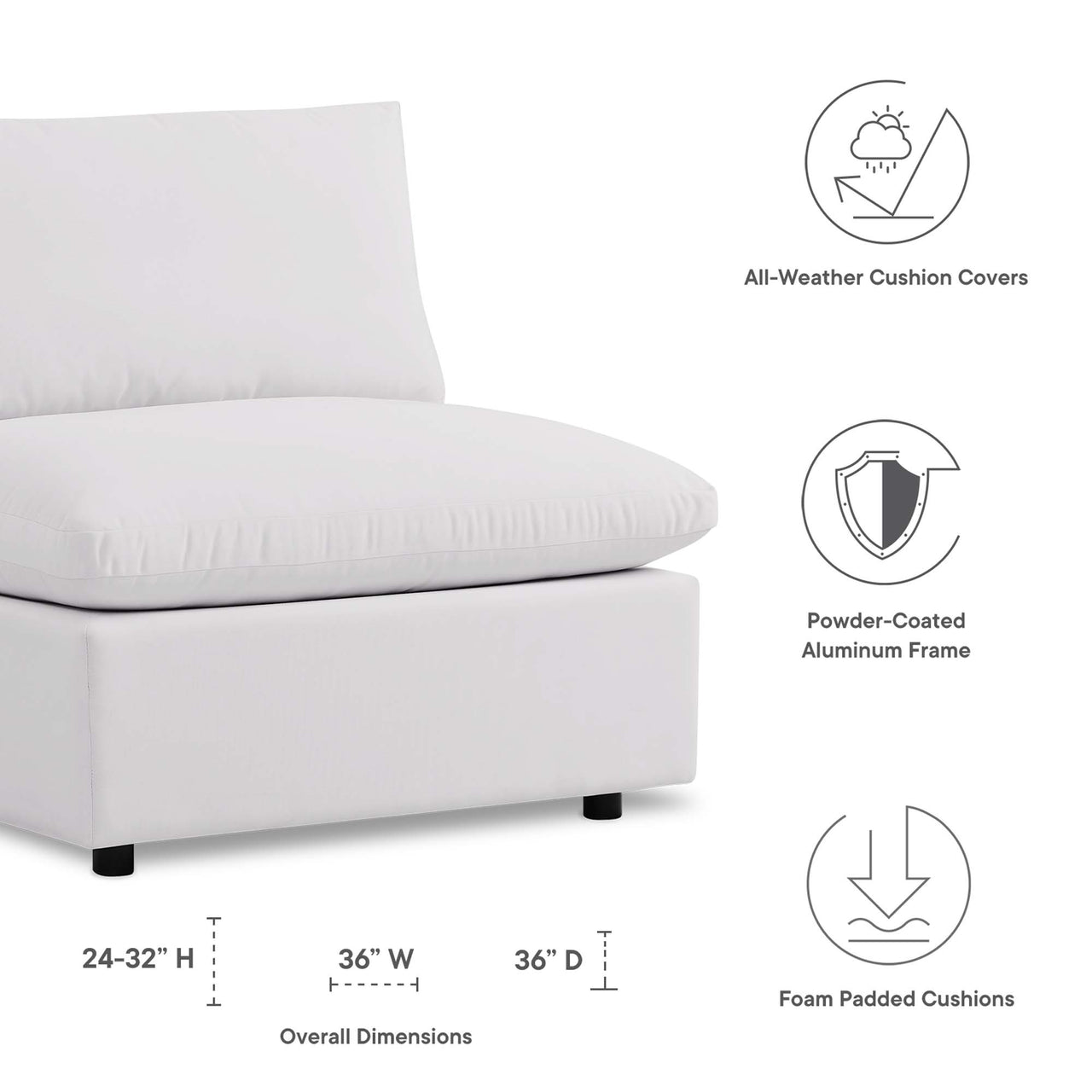 Angelic Alfresco Armless Chair | Outdoor Modular Sectional Component, White