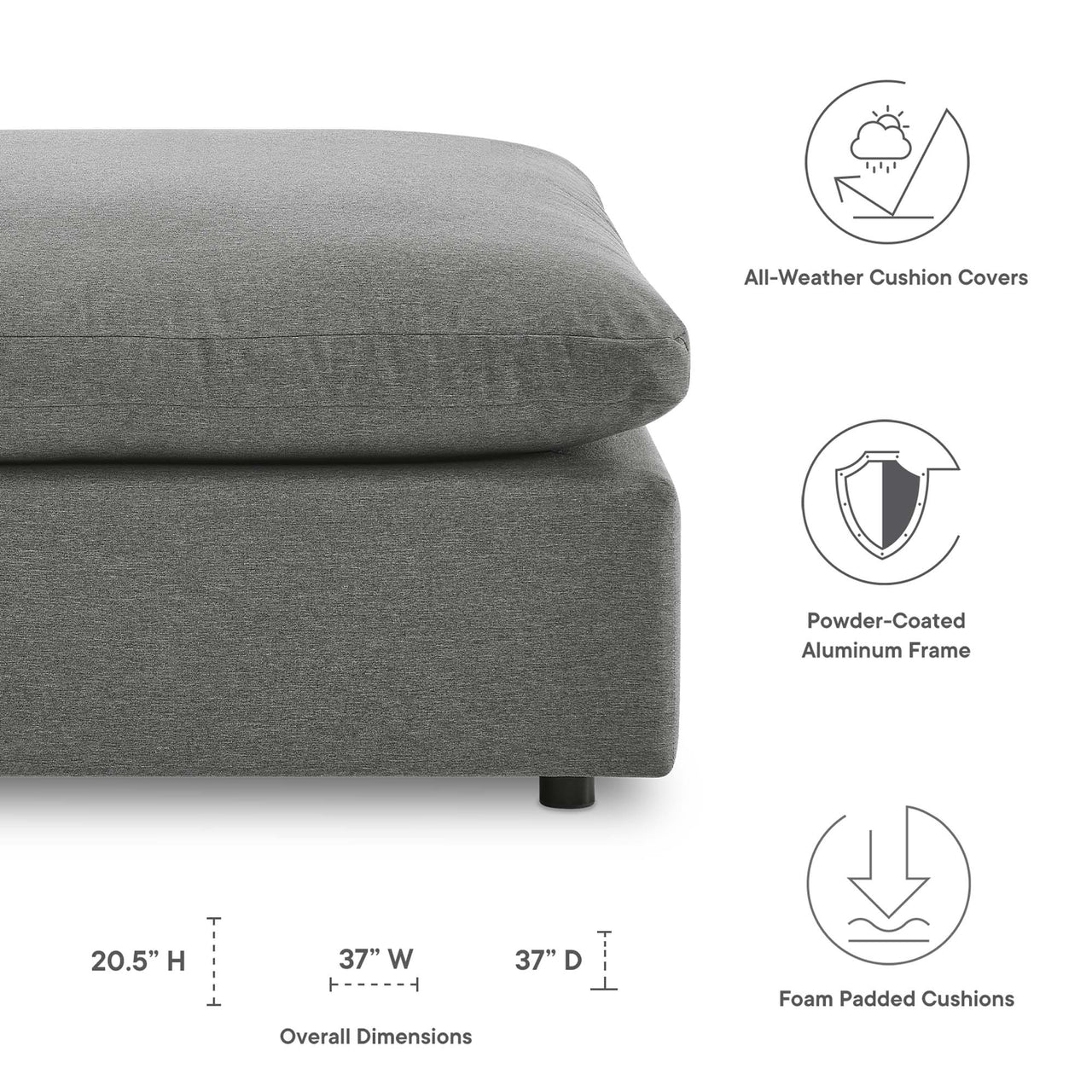 Commix Overstuffed Outdoor Patio Ottoman | Outdoor Modular Sectional Component, Charcoal