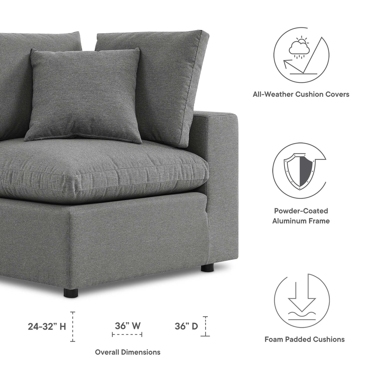 Angelic Alfresco Corner Chair | Outdoor Modular Sectional Component, Charcoal