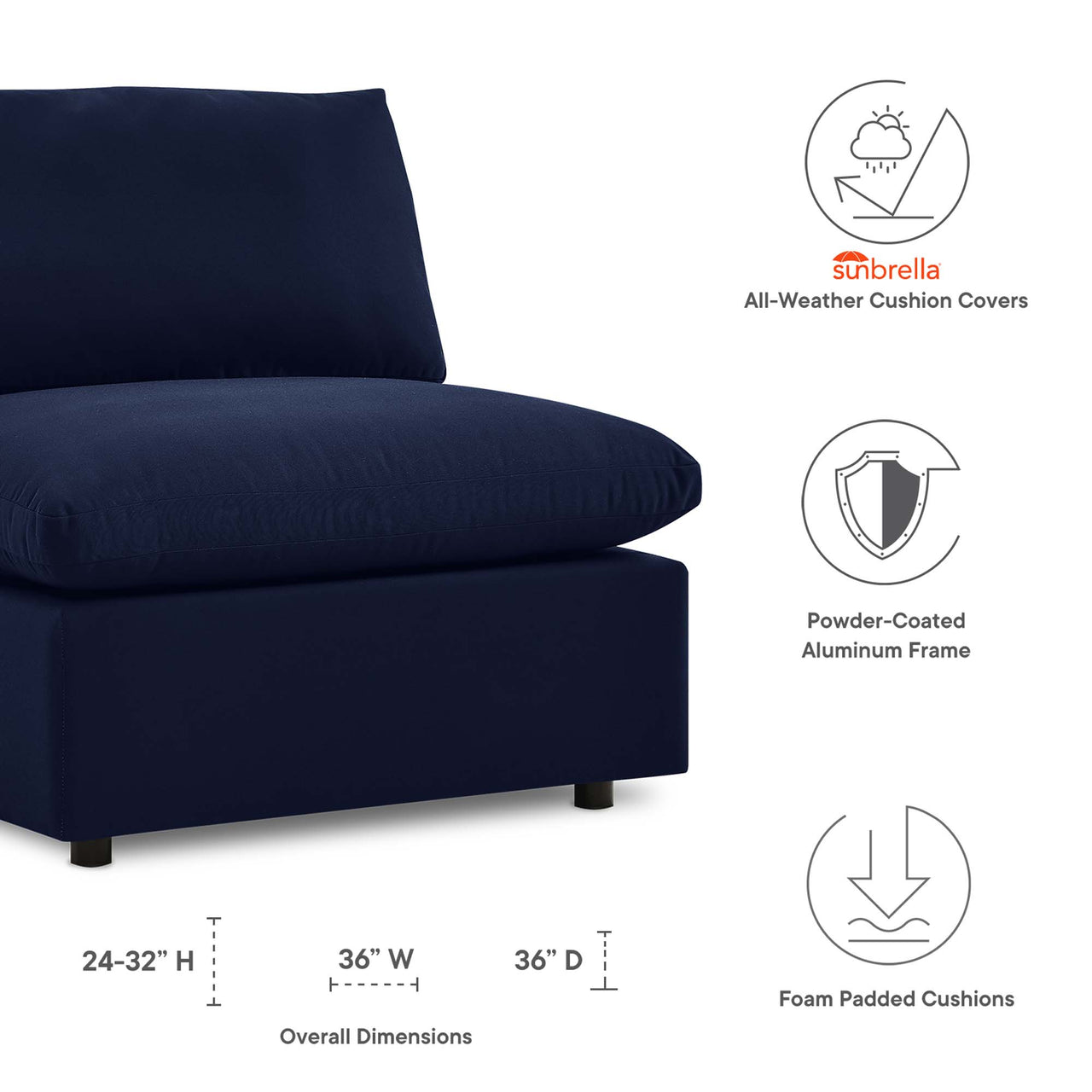 Angelic Sunbrella® Alfresco Armless Chair | Outdoor Modular Sectional Component, Navy