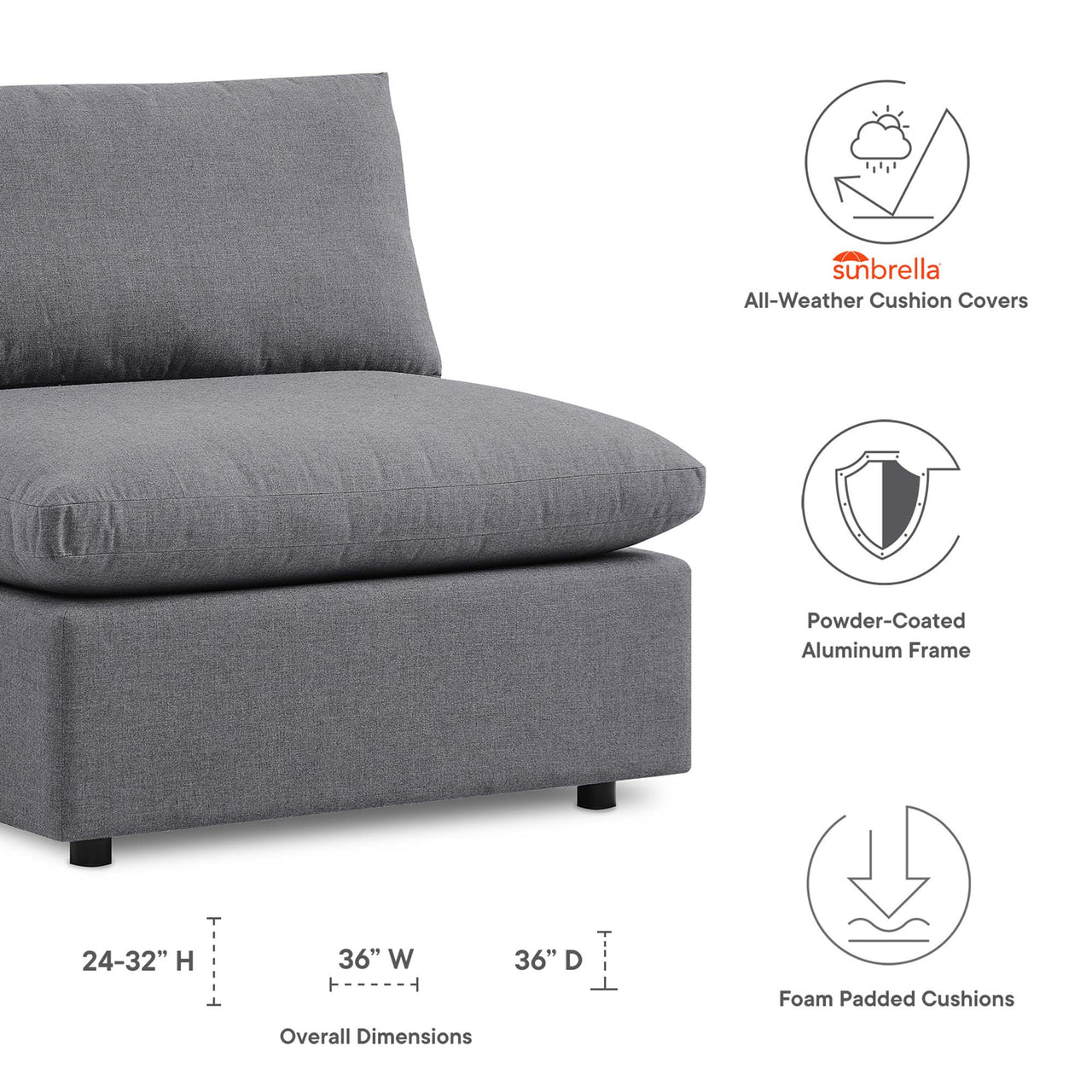 Angelic Sunbrella® Alfresco Armless Chair | Outdoor Modular Sectional Component, Gray