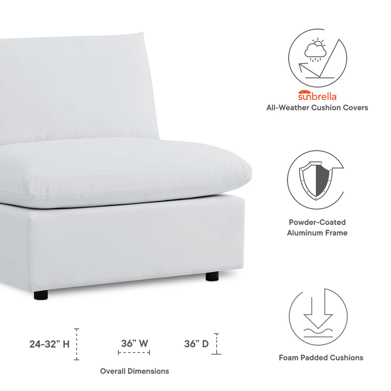 Angelic Sunbrella® Alfresco Armless Chair | Outdoor Modular Sectional Component, White