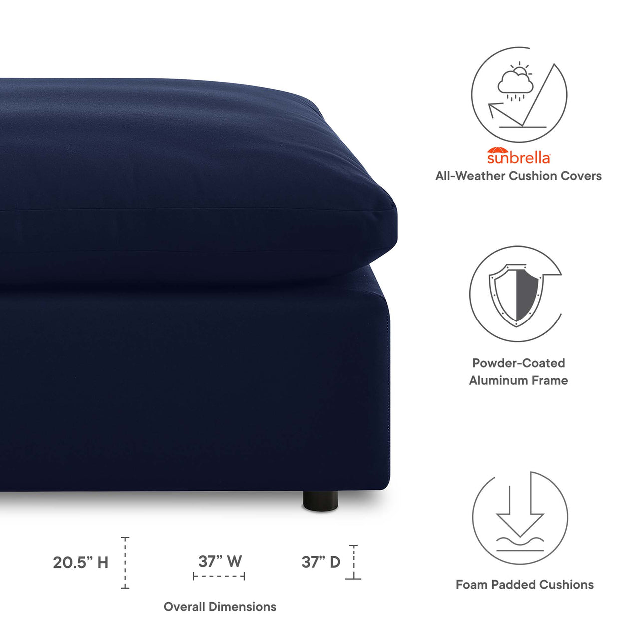 Angelic Sunbrella® Alfresco Ottoman | Outdoor Modular Sectional Component, Navy